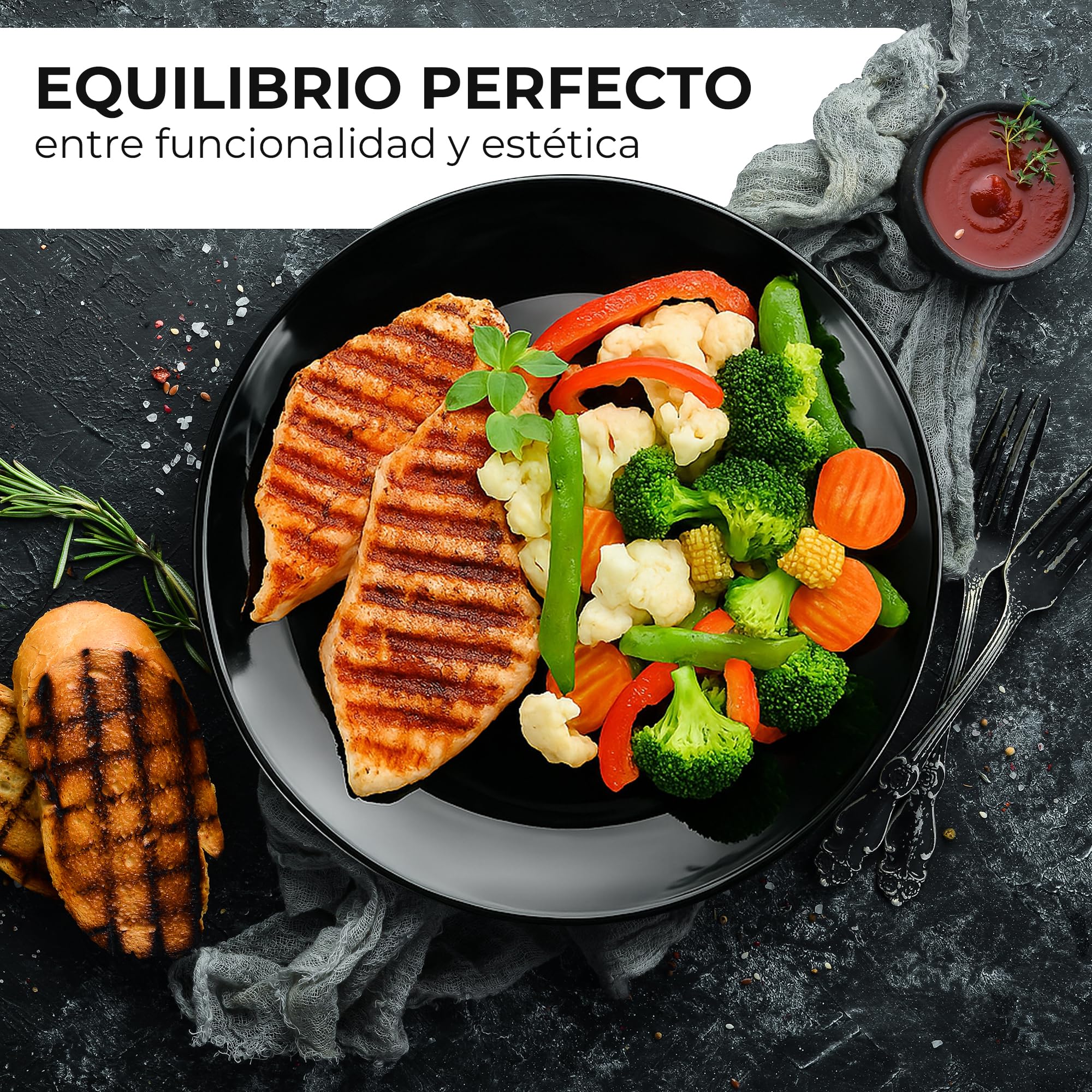MIAMIO - set de 6 platos cerámicos 21 cm Palmanova (Negro) para cocina | Platos de cerámica para comidas y postres, 21 cm, Palmanova (Negro). Diseño moderno y práctico para cada día en casa.