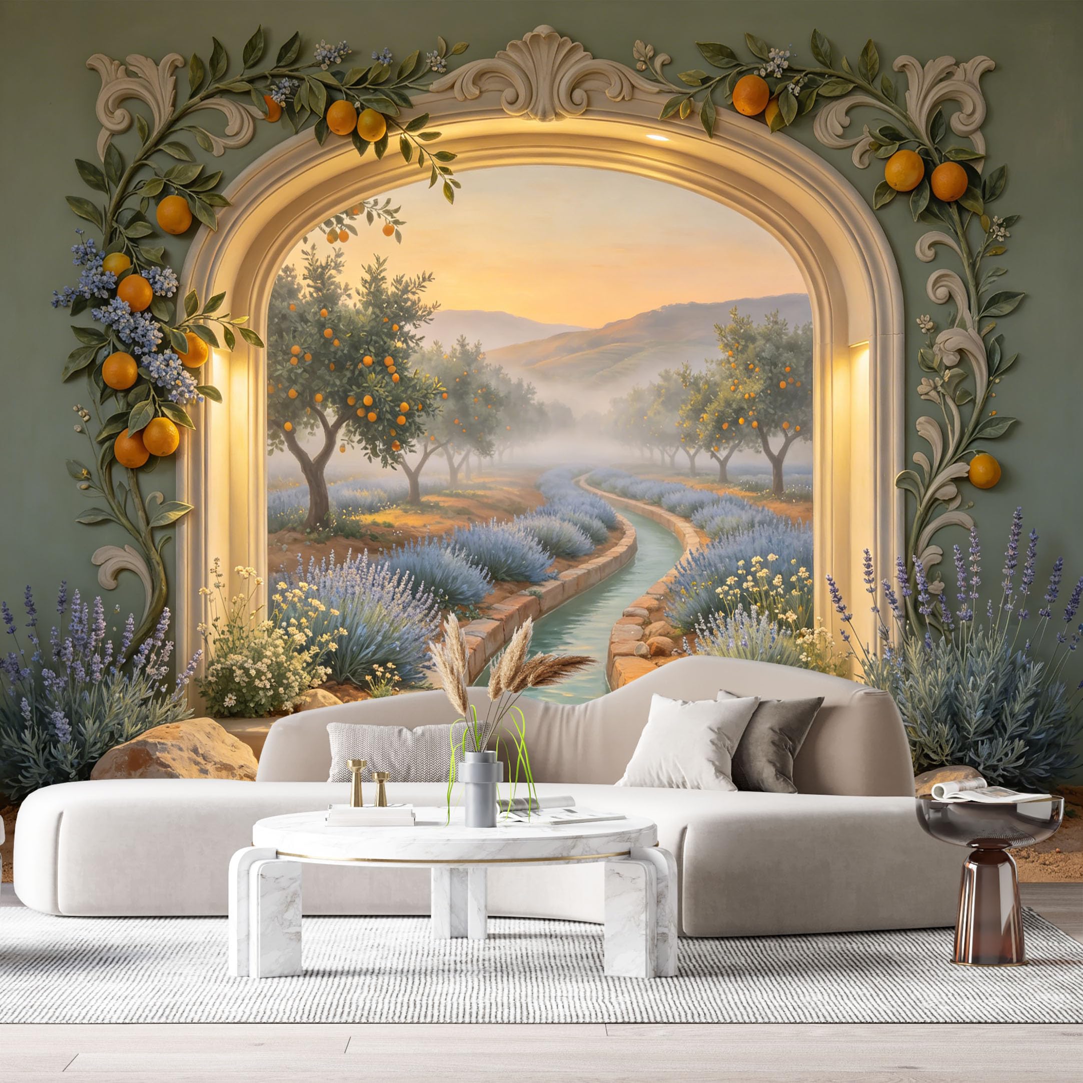 Custom Size Wall Murals Mediterranean Orange Orchard Stream Landscape 3D Trompe L'Oeil SelfAdhesiveWall Fabric Removable Wallpaper Wall Decor for Living Room Bedroom Bathroom