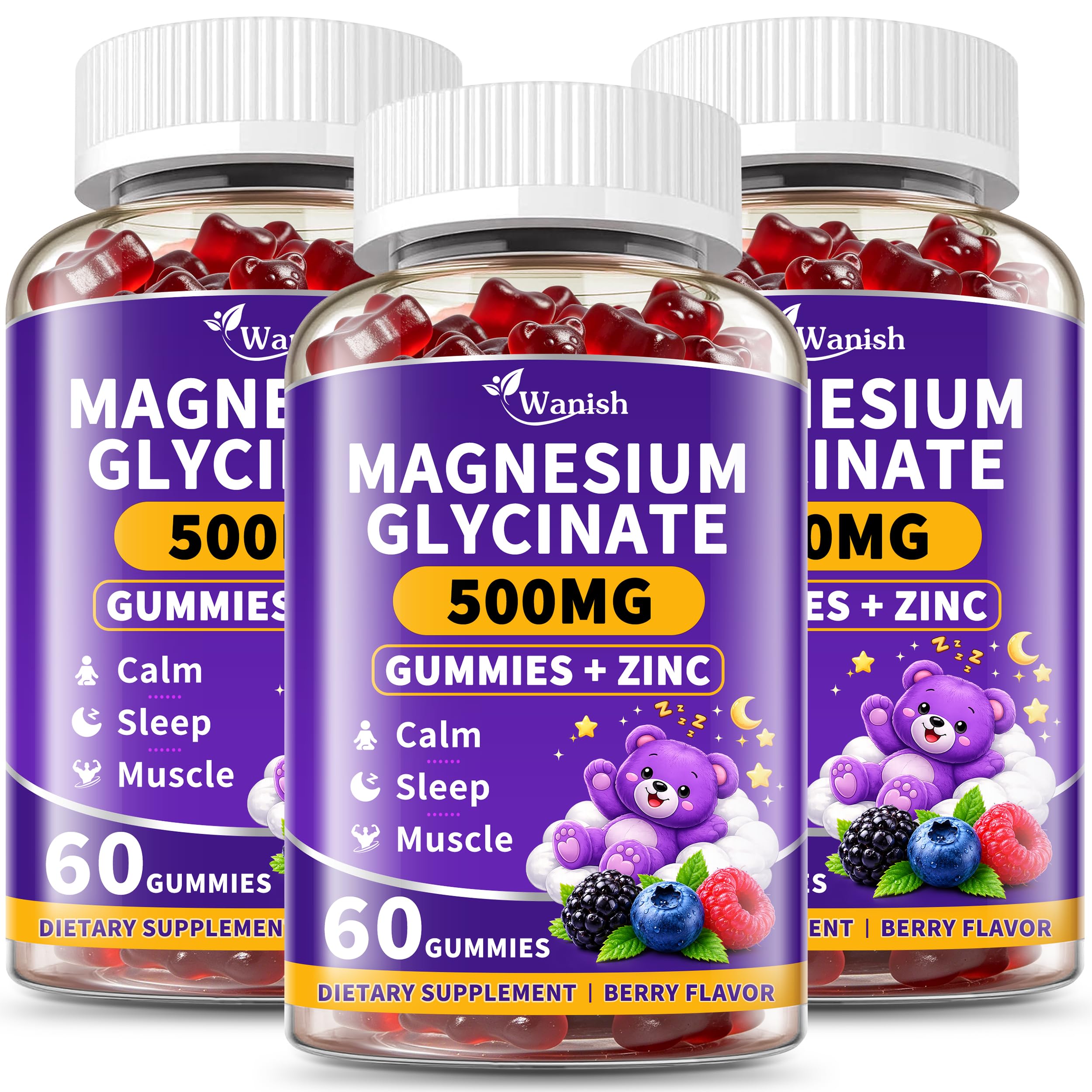 （3 Packs） Magnesium Glycinate 500mg with Zinc Gummies, High Absorption Magnesium Bisglycinate Supplement for Women, Men and Kids, Muscle and Relaxation Support, Sugar Free, Vegan,Berry Flavor
