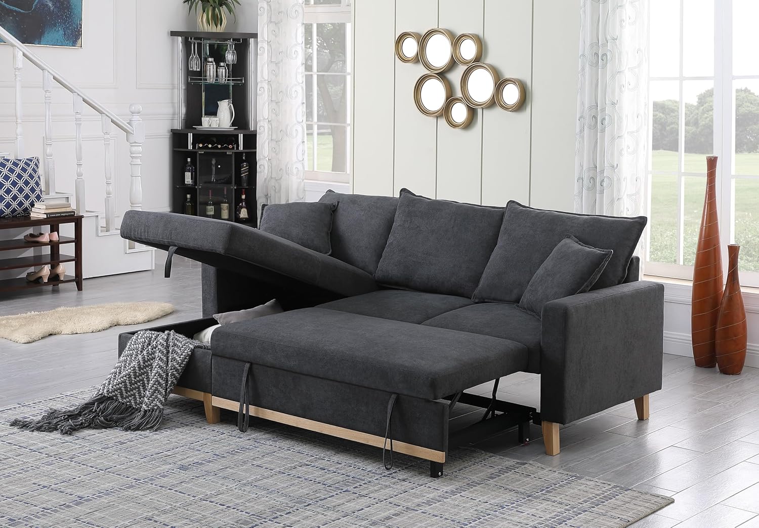 Lilola Home Colton 84.25" W Dark Gray Woven Fabric Reversible Sleeper Sectional Sofa with Pull-Out Bed and Storage Chaise – Modern L-Shaped Couch for Living Room or Apartment