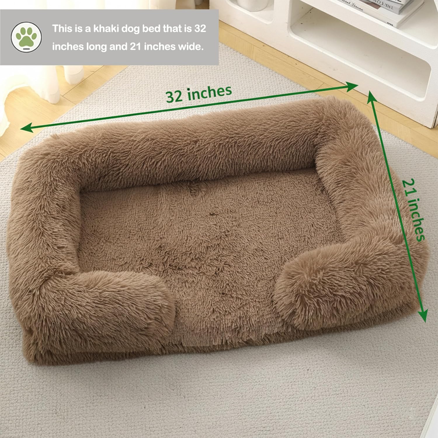 Orthopedic Dog Bed for Large Dogs - Washable Memory Foam Pet Sofa, Fluffy Plush Rectangular Bed, Waterproof Anti-Anxiety Couch, Khaki, L