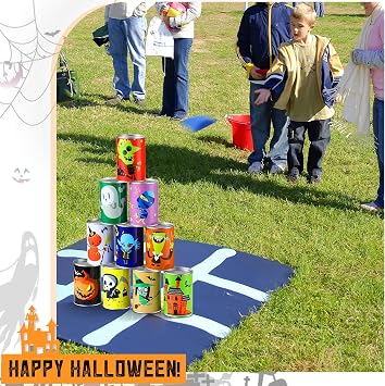 BBTO 14 Pcs Halloween Party Games for Kids Adults Halloween Carnival Bean Bag Toss Games Metal Cans with 3 Bean Bags in Gift Box Boo Basket Stuffers Gifts for Holiday Trick or Treat Party Supplies