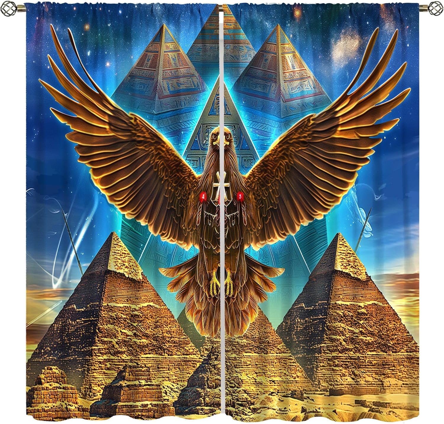 Mysterious Egyptian Curtains, Vintage Fantasy Starry Sky Sun and Moon Ancient Egyptian Pyramids Gemstone Nile River Blackout Window Treatments, Thermal Insulated Drapes For Living Room Bedroom 42x54in