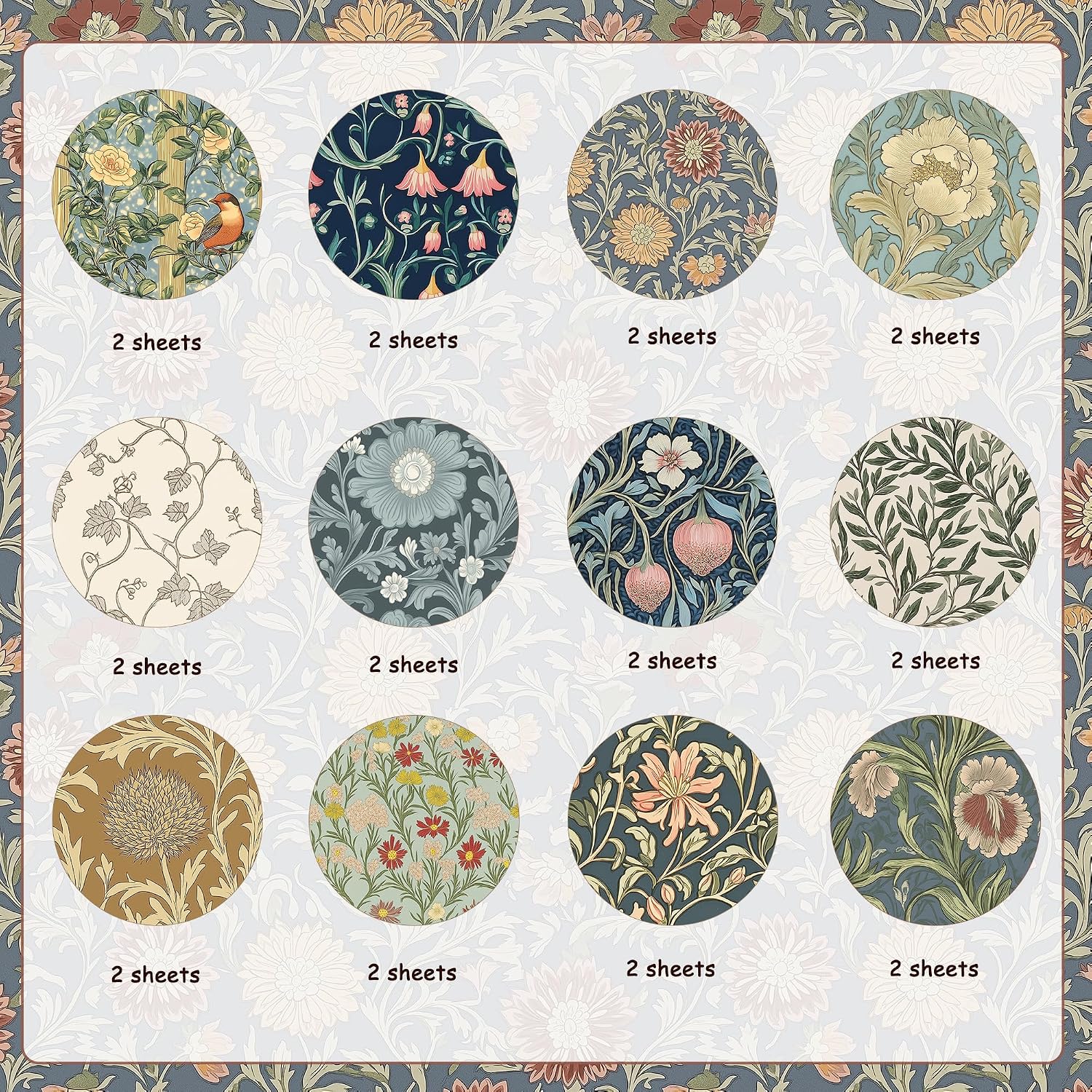24 Sheets William Morris Pattern Paper 12'' x 12'' William Morris Floral Scrapbook Paper Vines and Flower Patterned Double-Sided Cardstock Pack for Scrapbooking Background DIY Card Making Origami