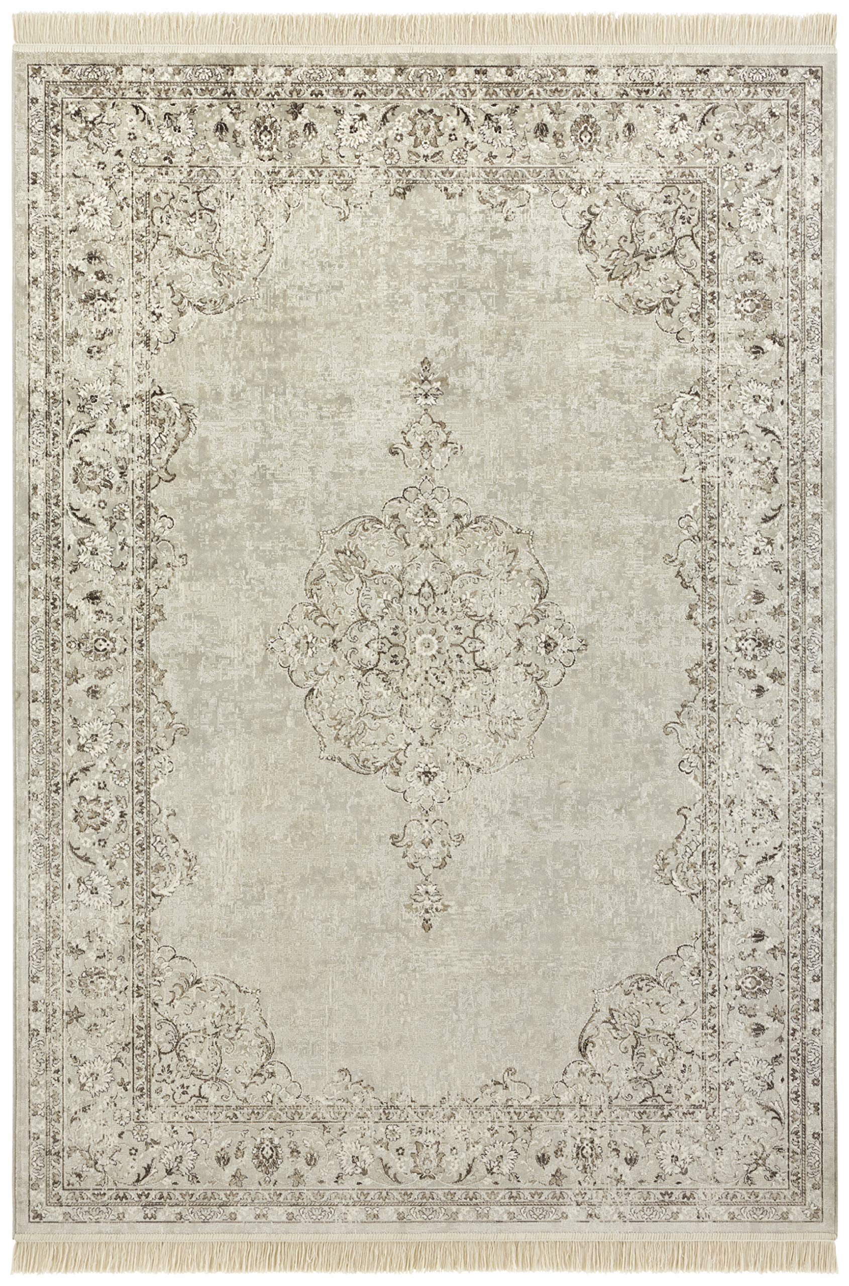 Nouristan Orientalischer Teppich – Wohnzimmerteppich mit Fransen Oriental Vintage Medaillon Naveh Samt-Teppich für Wohnzimmer, Schlafzimmer, Esszimmer, Küche, Flur – Creme, 195x300cm