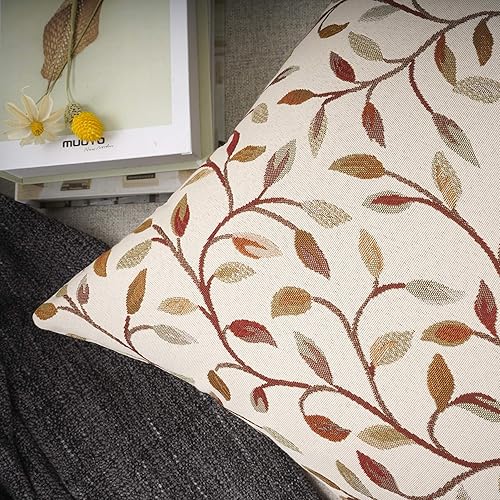 Miniatura 4 de YOUR SMILE Funda de cojín decorativa cuadrada de jacquard con diseño de hojas beige con bordado clásico de 18 x 18 pulgadas