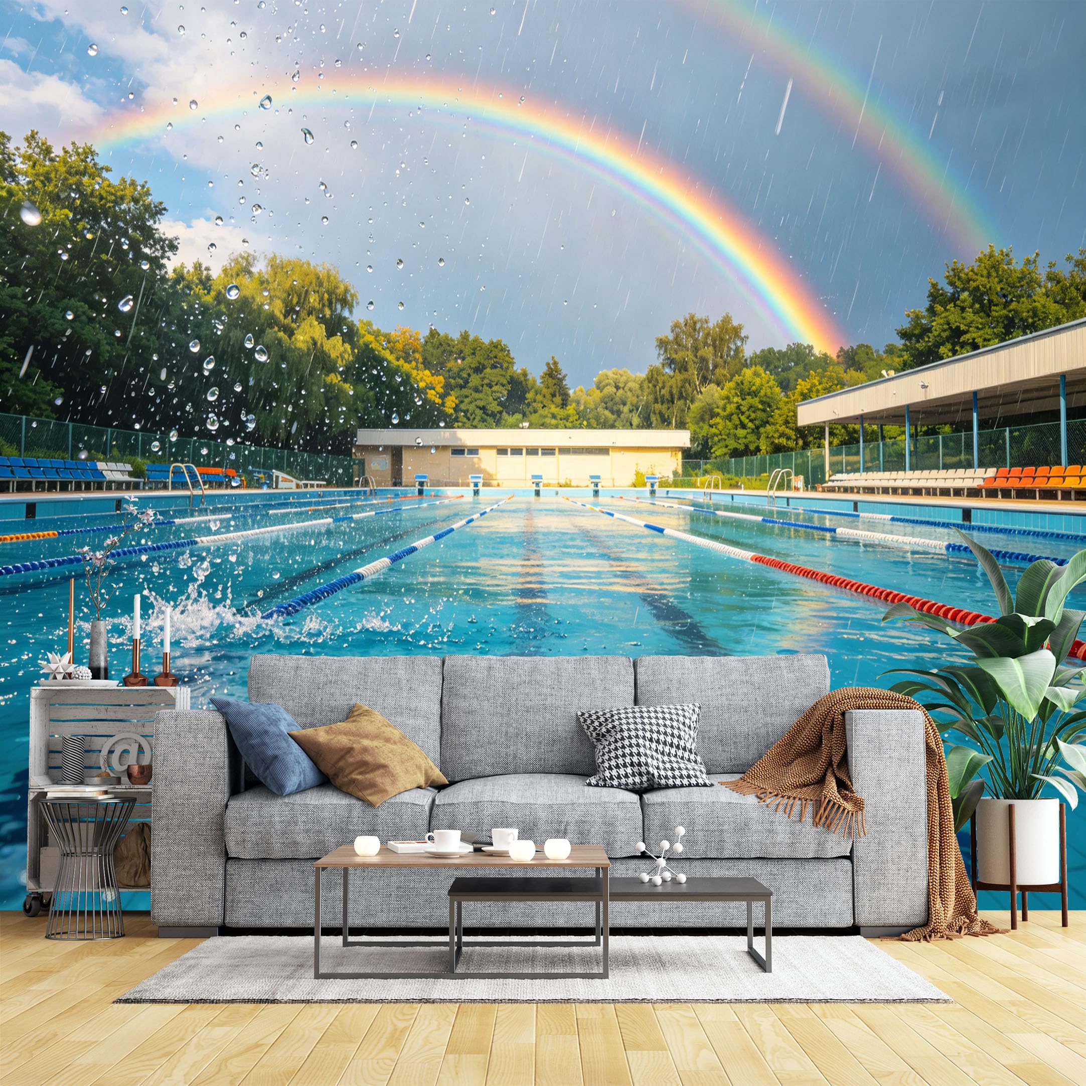 Lcythiazole Ch260604035 Custom Size Wall Murals Outdoor Olympic Swimming Pool With Rainbow And Raindrops Wall Covering Fabric Self-Adhesive Wall Fabric (No Pvc) Removable Wallpaper