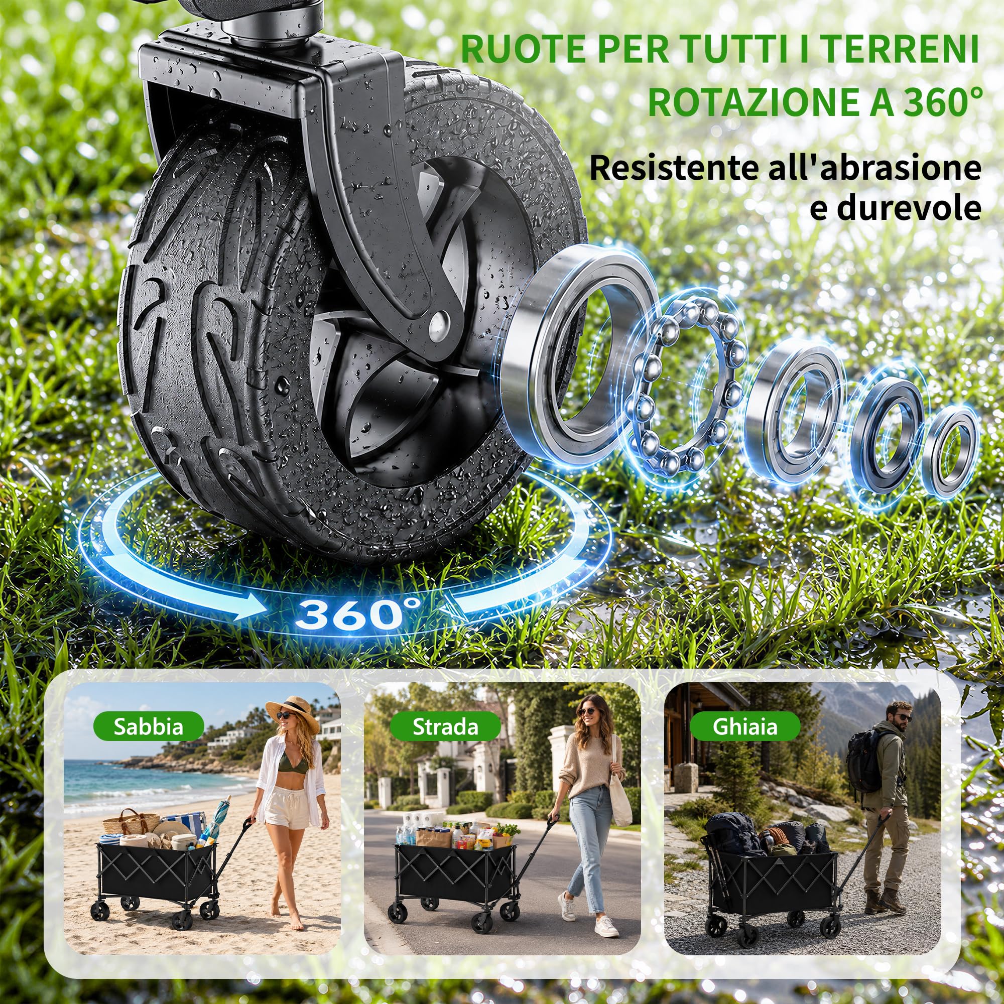 Carrello da Campeggio Pieghevole 135 L, Capacità di Carico 150 kg, Carrello Fuoristrada con Ruote Girevoli 360° e Maniglia Telescopica, per Giardino, Spesa, Outdoor