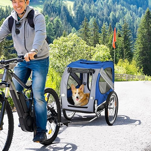 Vista 12 de Aosom Remolque de bicicleta para perros, carrito de mascotas, accesorio de transporte de carga para viajes con 3 entradas, ruedas grandes para Rojo