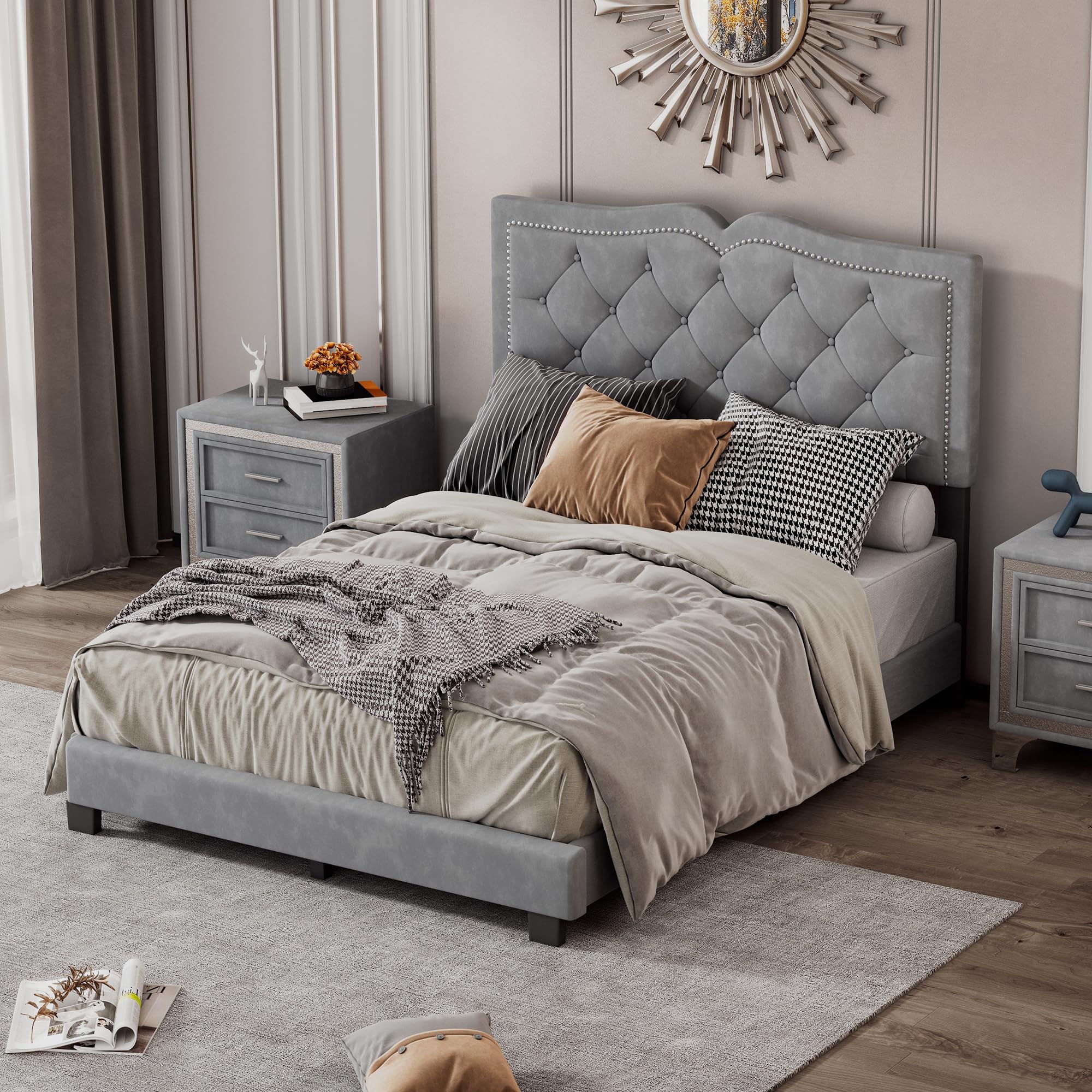Full Size Upholstered Bed Frame with Rivet Design, Modern Platform Bed with Tufted Headboard, No Box Spring Needed, Velvet, Gray