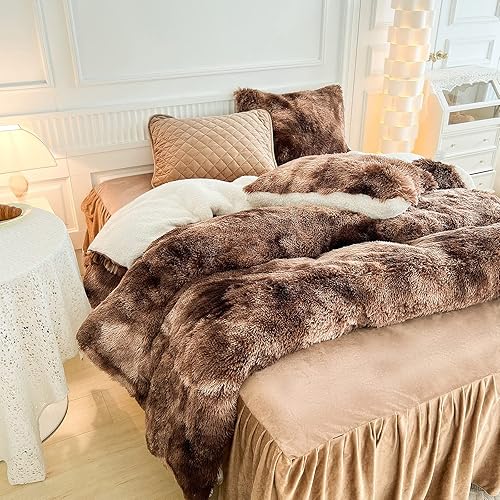 Miniatura 5 de Juego de edredón de lujo de pelo sintético lanudo tamaño King, edredón reversible de felpa y sherpa, teñido anudado, color café, juego de ropa de