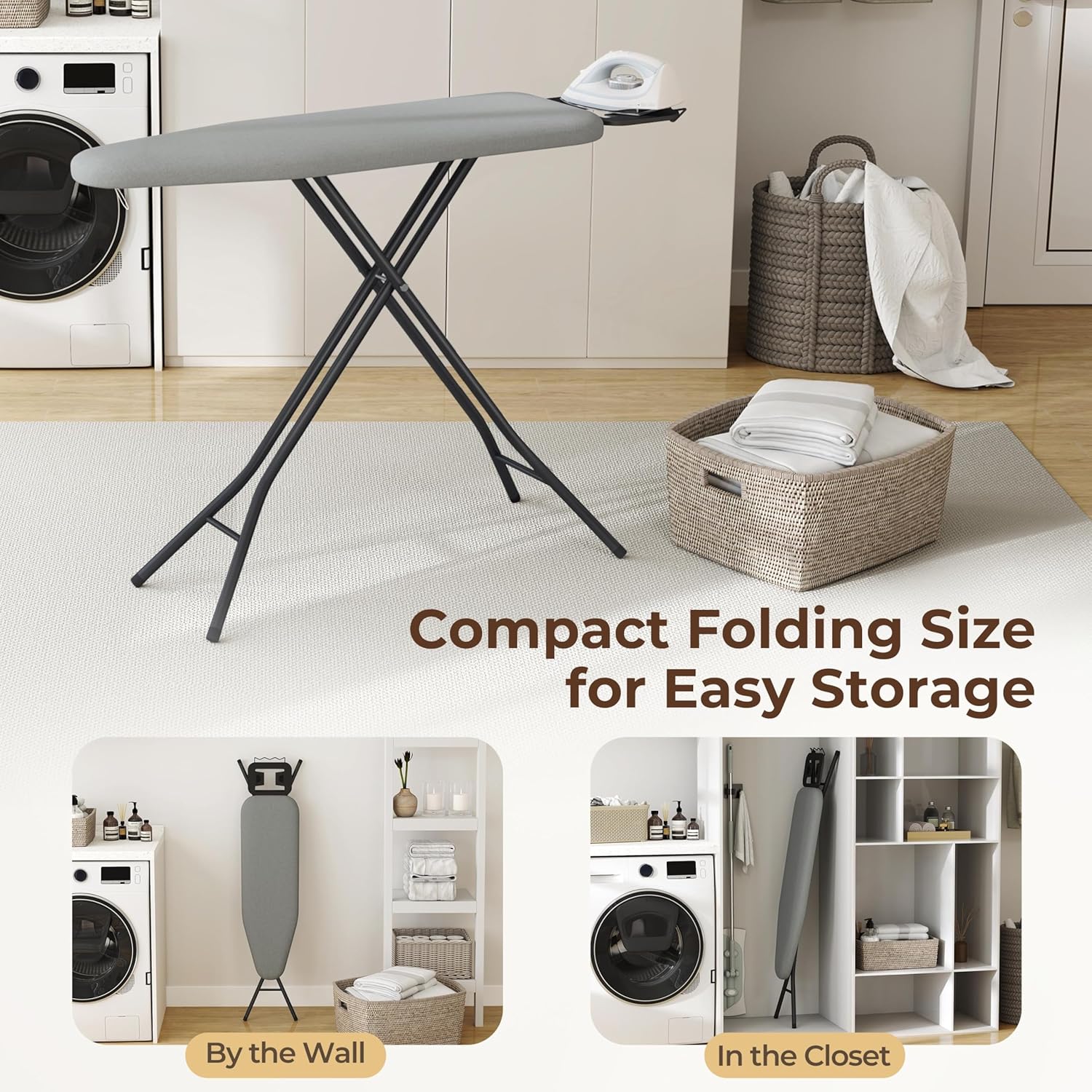 Images showing the ironing board stored by a wall and inside a closet