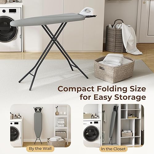 Miniatura 8 de Yaheetech Tabla de planchar plegable, tabla de hierro resistente con 9 alturas ajustables, cubierta de 4 capas y soporte de hierro de seguridad,