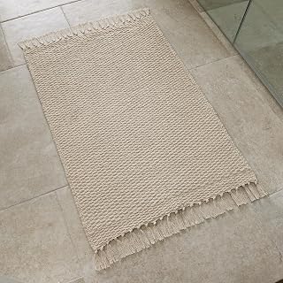 KIBAGA Boho Bathroom Rug with Tassels - Soft 2x3 ft Cotton Non-Slip Washable Bath Mat for Bedroom Nursery Modern Decor