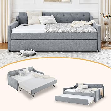 Twin Size Daybed with Pop Up Trundle, Upholstered Daybed with Trundle and USB Charging Ports, Linen Twin Size Sofa Bed with Tufted Button Design for Living Room, Guest Room, Grey