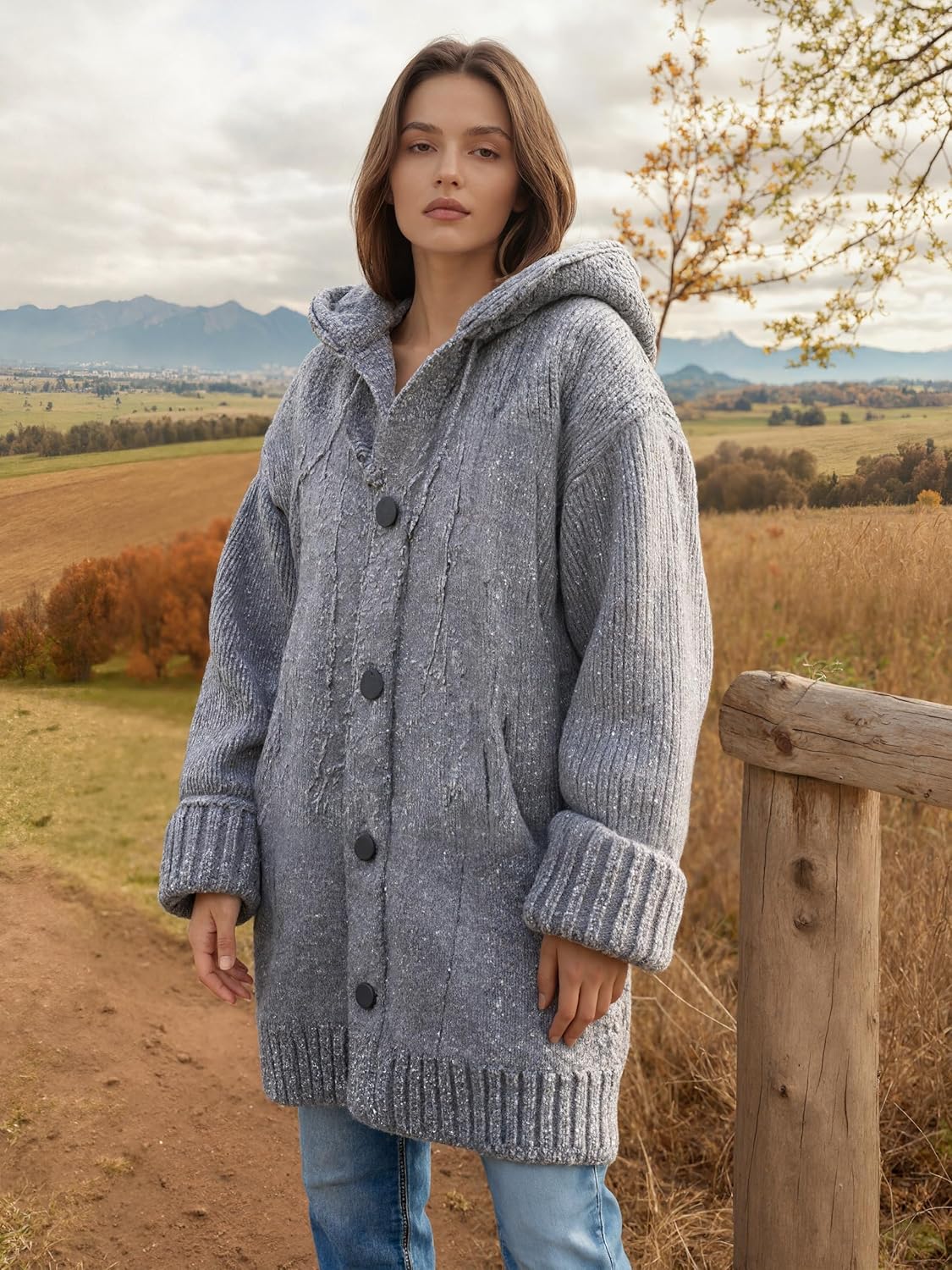 Women's Winter Knitted Thick Cardigan Hoodie Sweater Coat Drawstring Long Sleeve Buttons Down Warm Coat with Pocket - Image 3