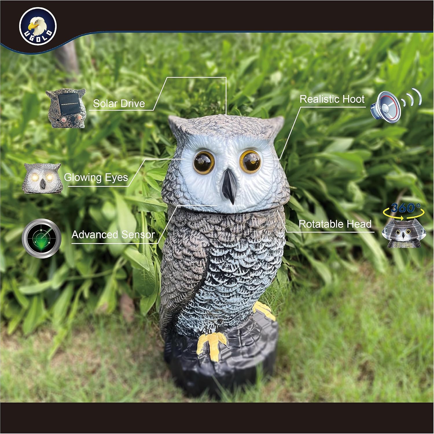 Solar Powered Garden Owl with Motion Detection, Rotating Head, Realistic Hoots and Silent Mode, Outdoor Statue and Sculpture, Owl Decoration for Home, Garden, Patio and Lawn