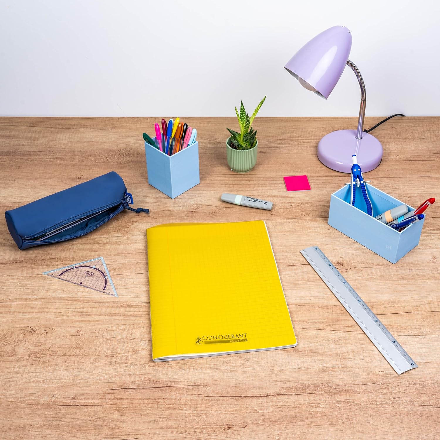 Conquérant, Set of 3 Classic Notebooks 24 x 32 cm 96 Pages Large Squared Seyès Stapled Polypropylene Cover Yellow Green Blue