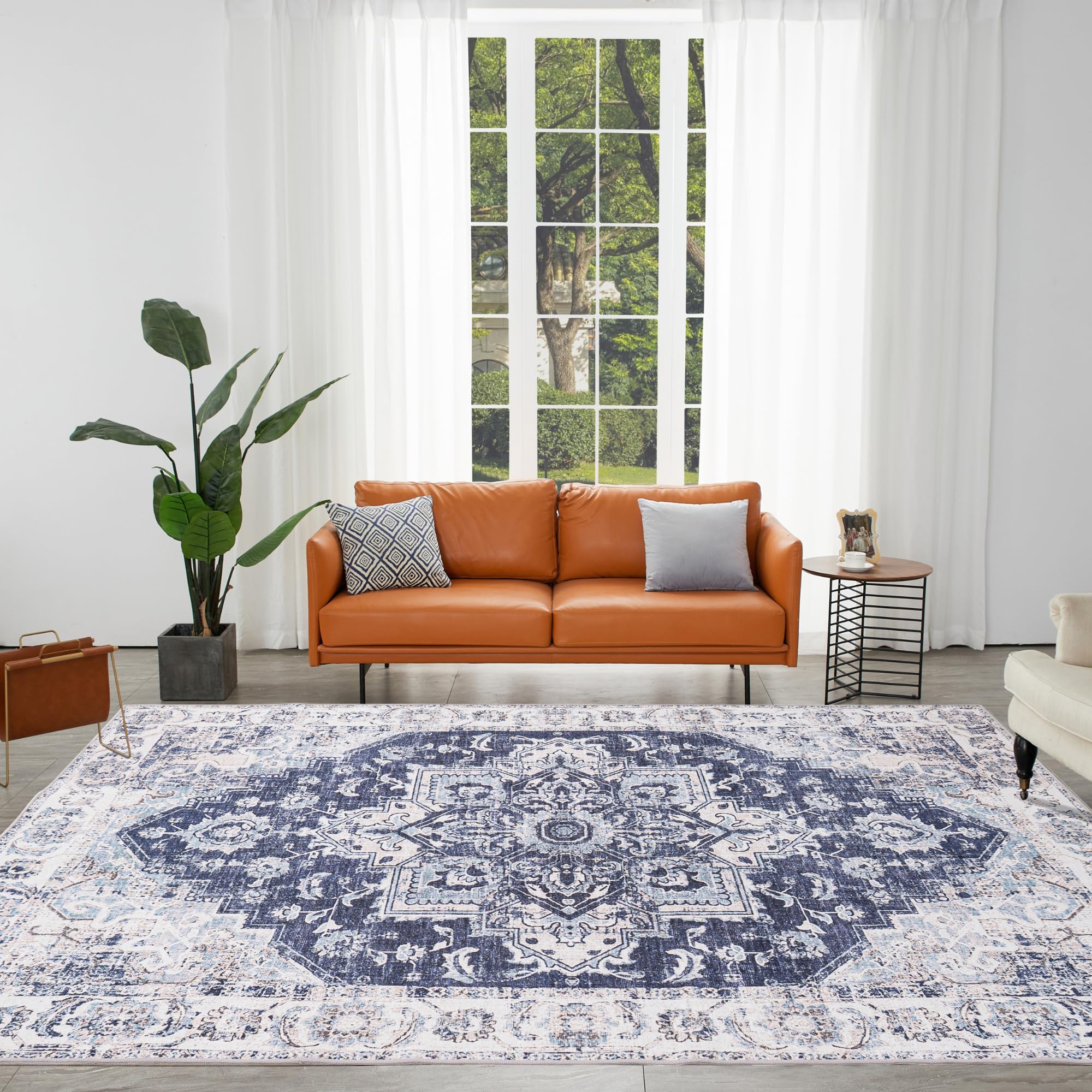 Auemtyn Washable Area Rug 4x6, Blue Rug for Living Room, Non Slip Low Pile Carpet for Bedroom, Entryway (Vintage Blue, 4'x6')