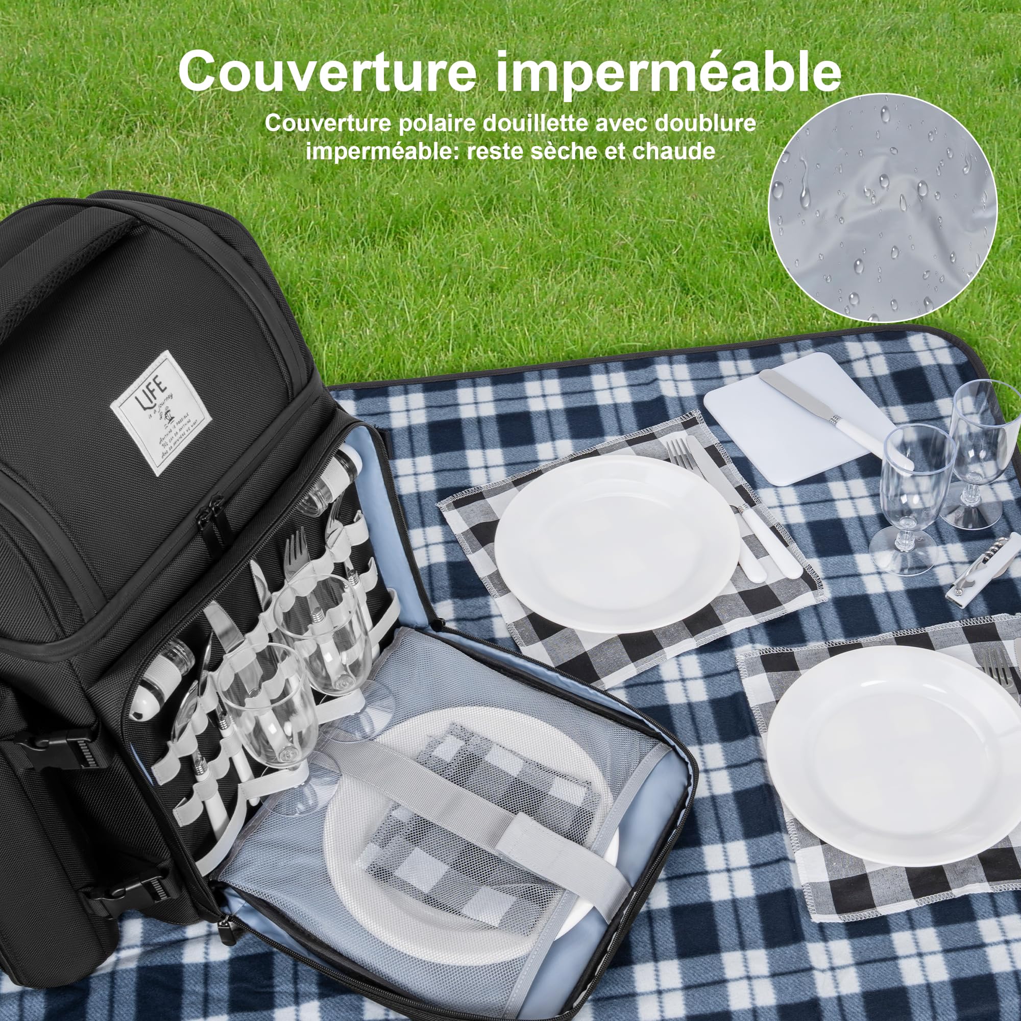 OUUTMEE 30L Sac à Dos de Pique-Nique pour 2 Personnes avec 2 Compartiments Réfrigérants Isolés et Étanches, Sac de Pique-Nique avec Vaisselle et Couverture, pour Plage, Camping, Randonnée (Noir)