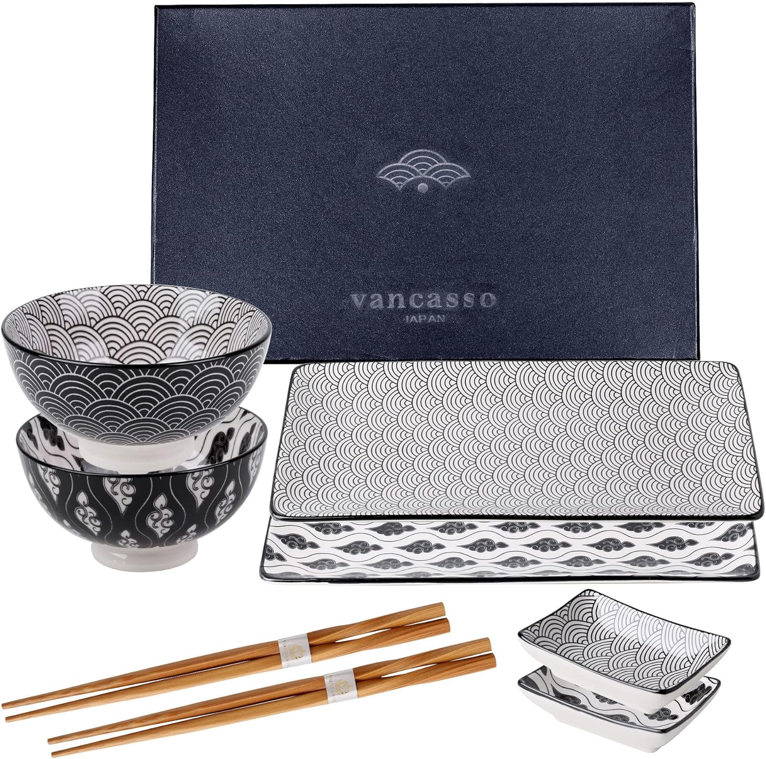 vancasso Haruka Porcelain Sushi Plate Set for 2, Japanese Style Ceramic