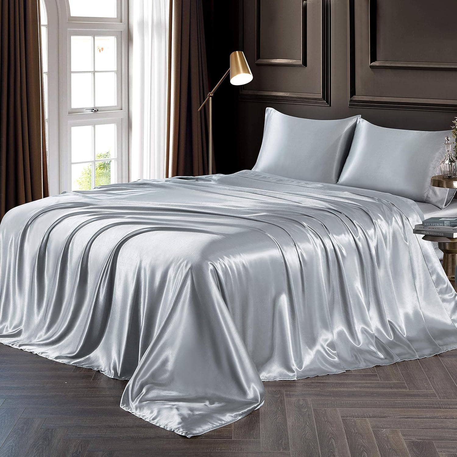Chvonttow 4 Piece Satin Sheets Queen Size Luxury Silky Satin Bed Sheets Set, Wrinkle