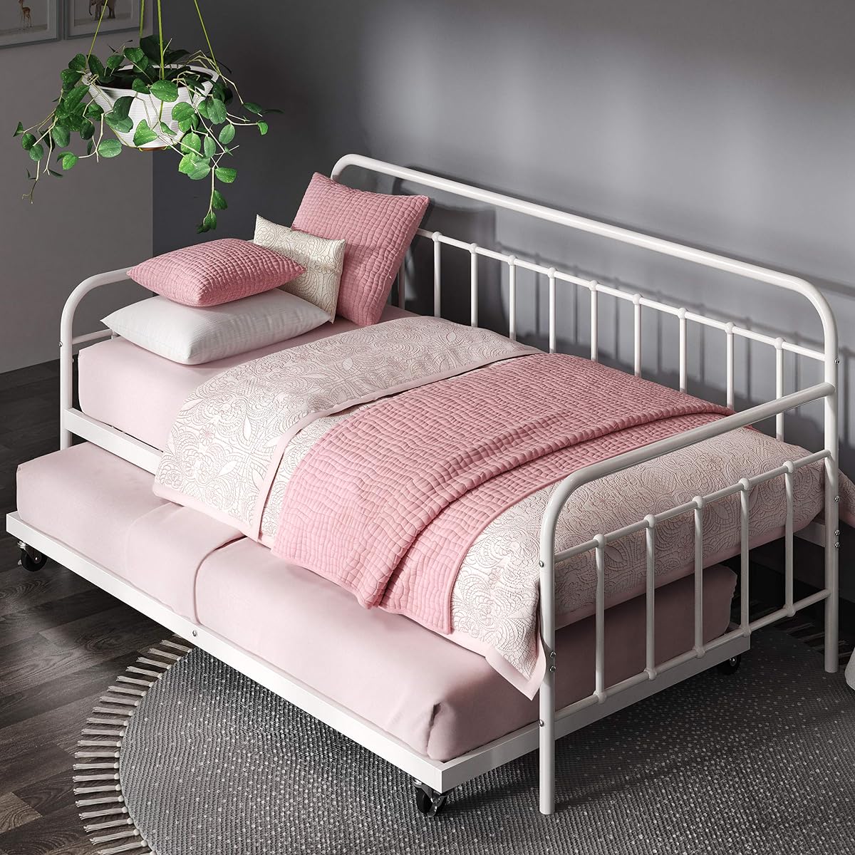 Zinus Florence Twin Daybed and Trundle Frame Set/Premium Steel Slat Support/Daybed and Roll Out Trundle/Accommodates Twin Size Mattresses Sold Separately