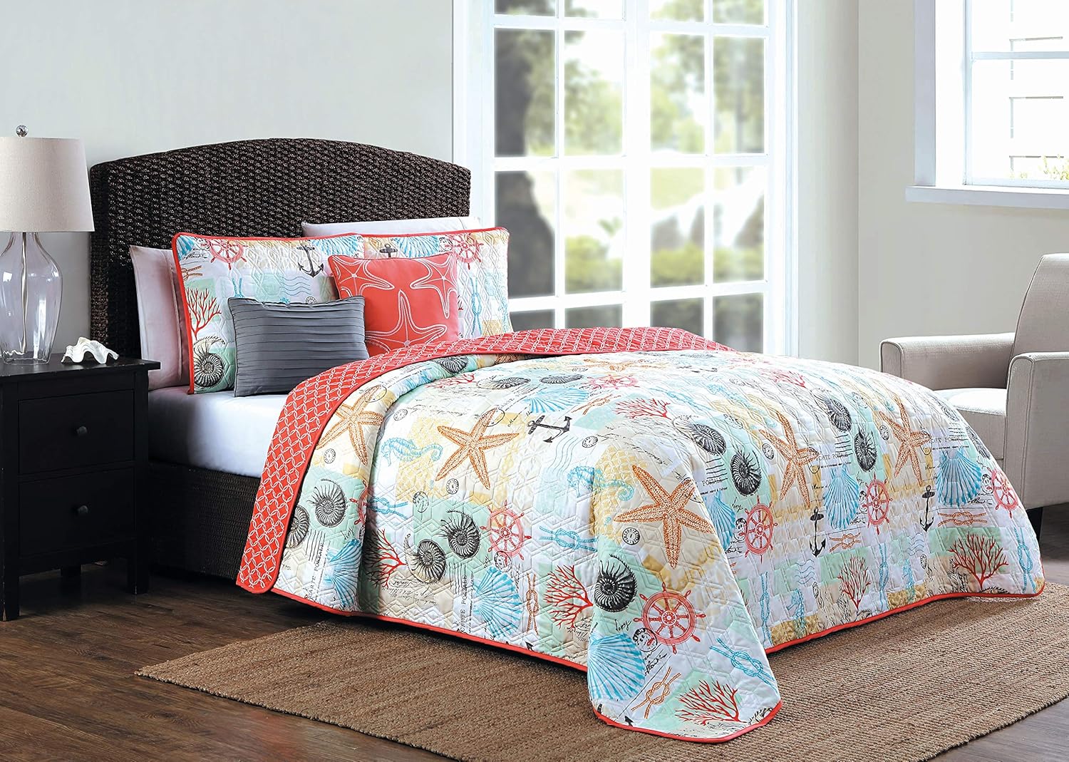 Avondale Manor Geneva Home Fashion Belize 5-Piece Quilt Set, Queen, Coral, BEL5QTQUENGHCO