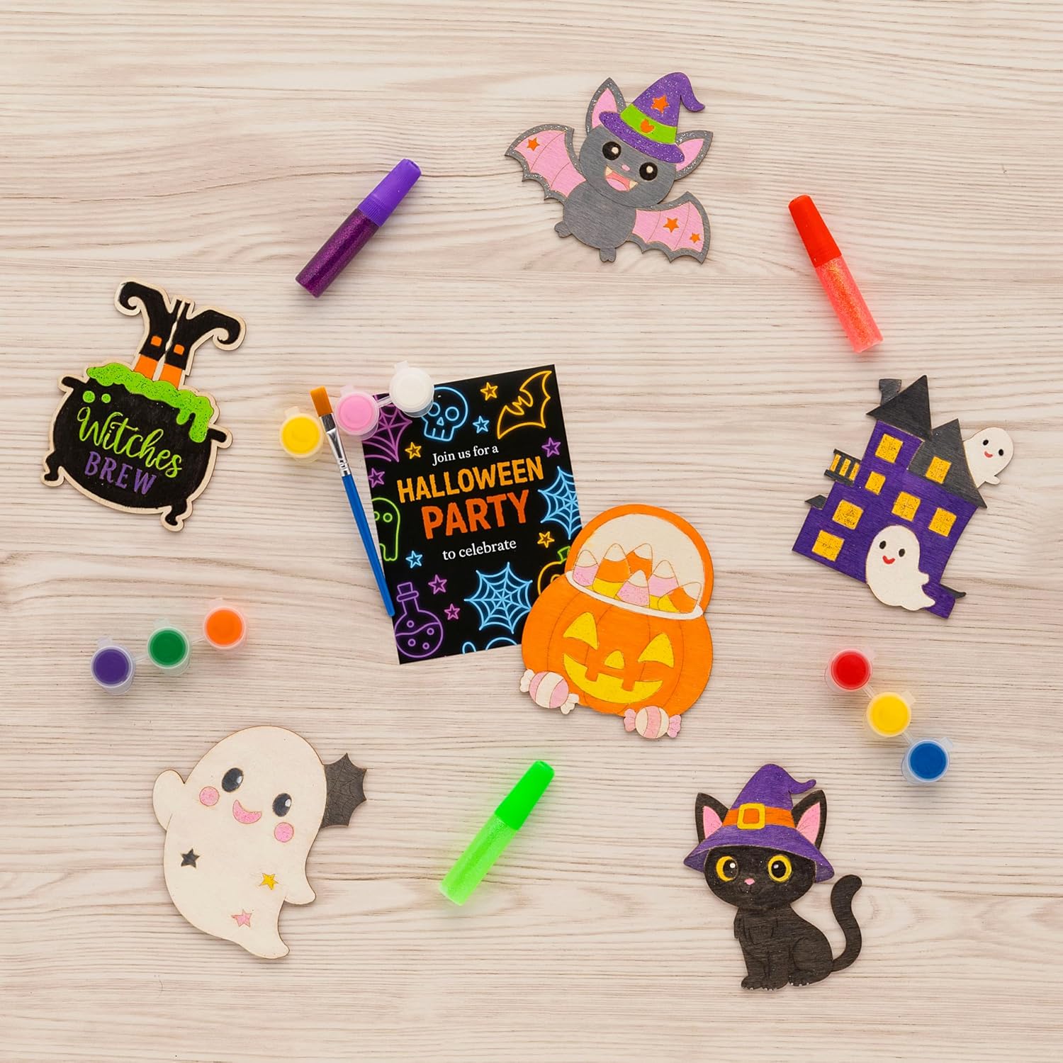 GOGREENWOVEN 24 PCS Halloween Crafts – Halloween Wood Painting Kit with Cards – Non-Candy Trick or Treat Gifts, Classroom Prizes & Goodie Bag Fillers