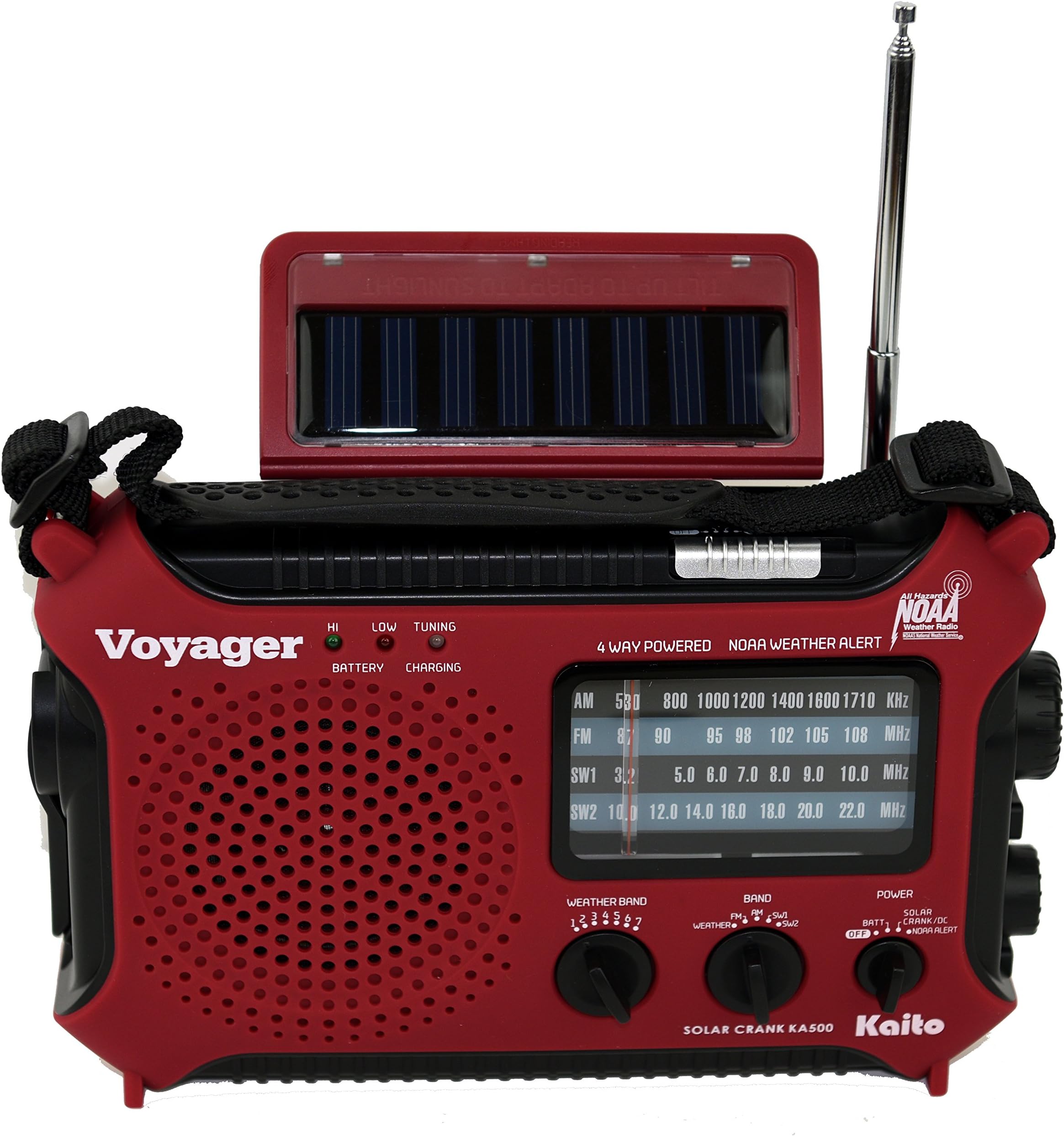 KA500IP-RED Voyager Solar/Dynamo AM/FM/SW NOAA Weather Radio with Alert and Cell Phone Charger, Red