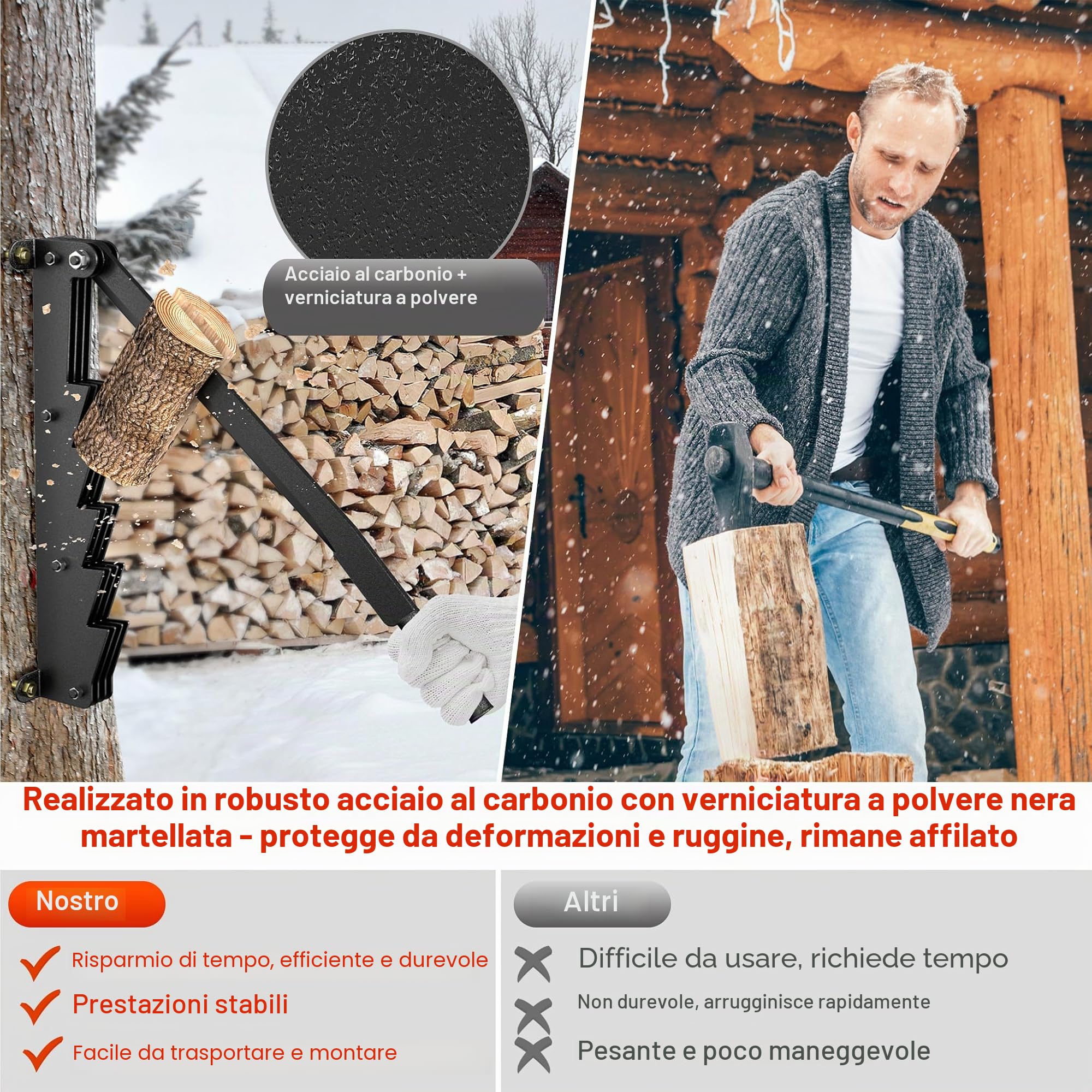 YRHome - Spaccalegna manuale per legna da ardere, spaccalegna a parete, spaccalegna a mano, seghetto per legno, spaccalegna per legni teneri con guanti antiscivolo e borsa in feltro per campeggio