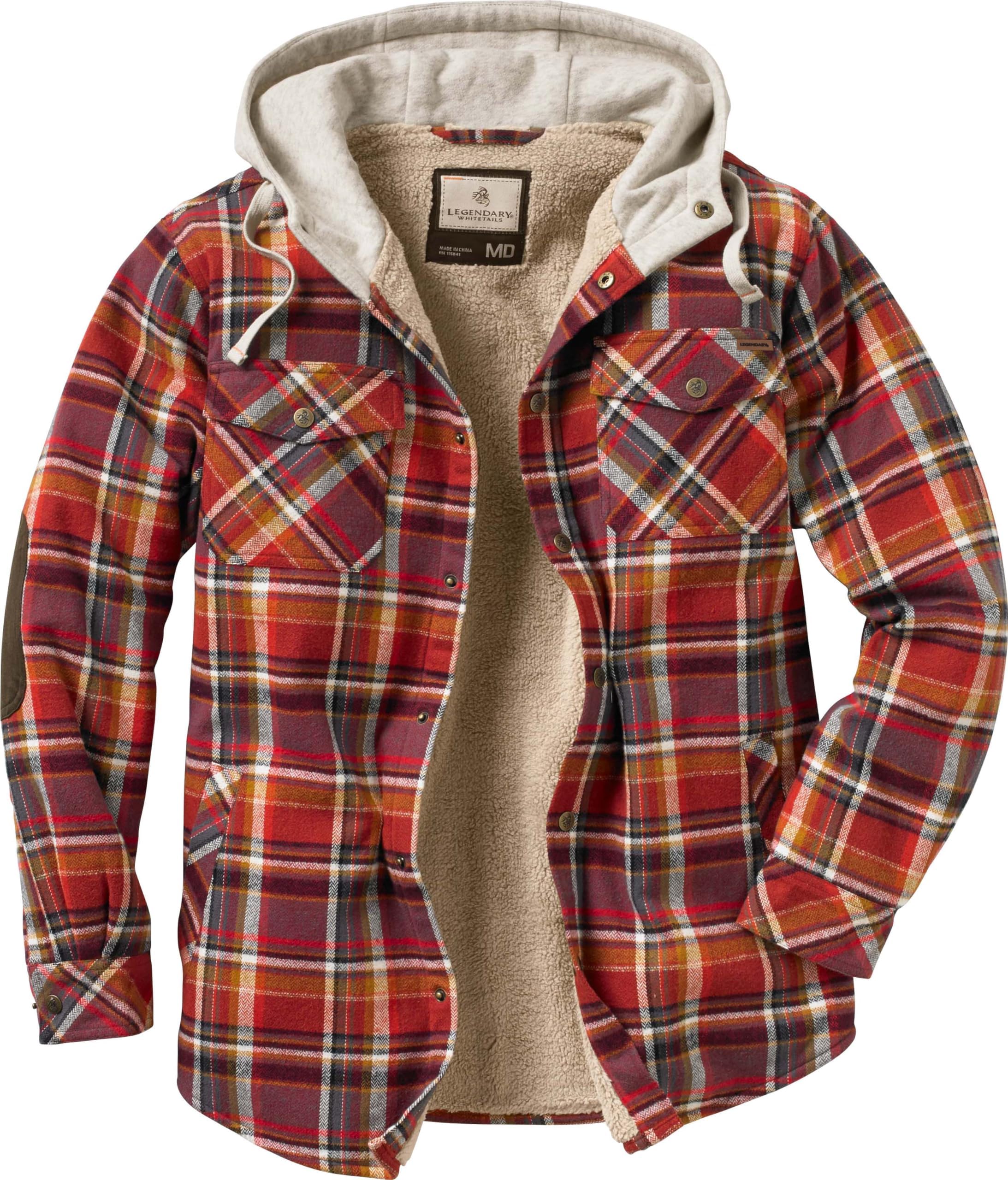 Legendary Whitetails Mens Hooded Shirt Jacket Plaid Flannel Berber Lined Polyfill Insulated Shacket