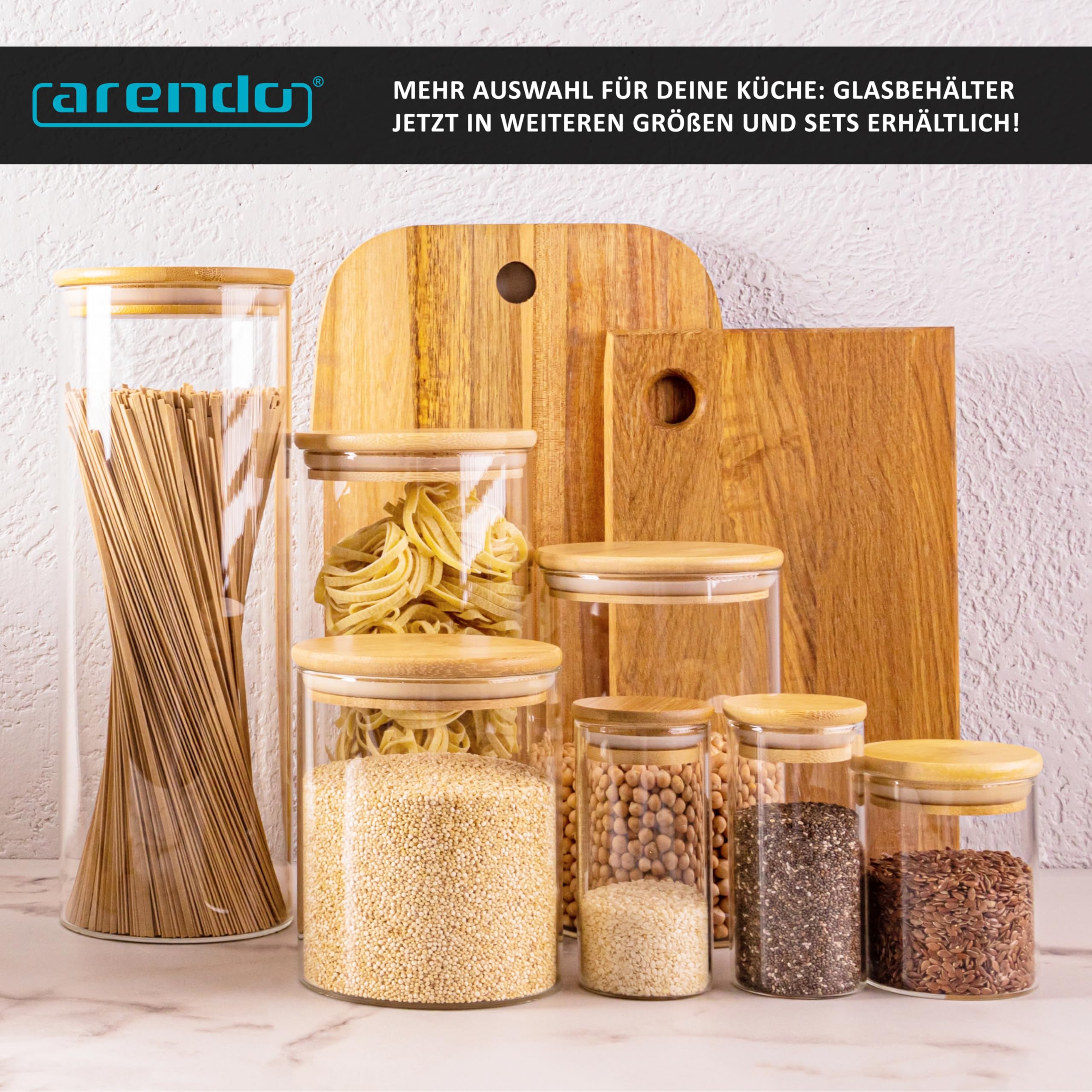 Arendo - Vorratsgläser mit Deckel - 10er Set - Behälter aus Glas – hitzebeständig – Vorratsdosen mit Bambusdeckel - luftdicht - für Müsli Zucker Mehl Kaffee Reis