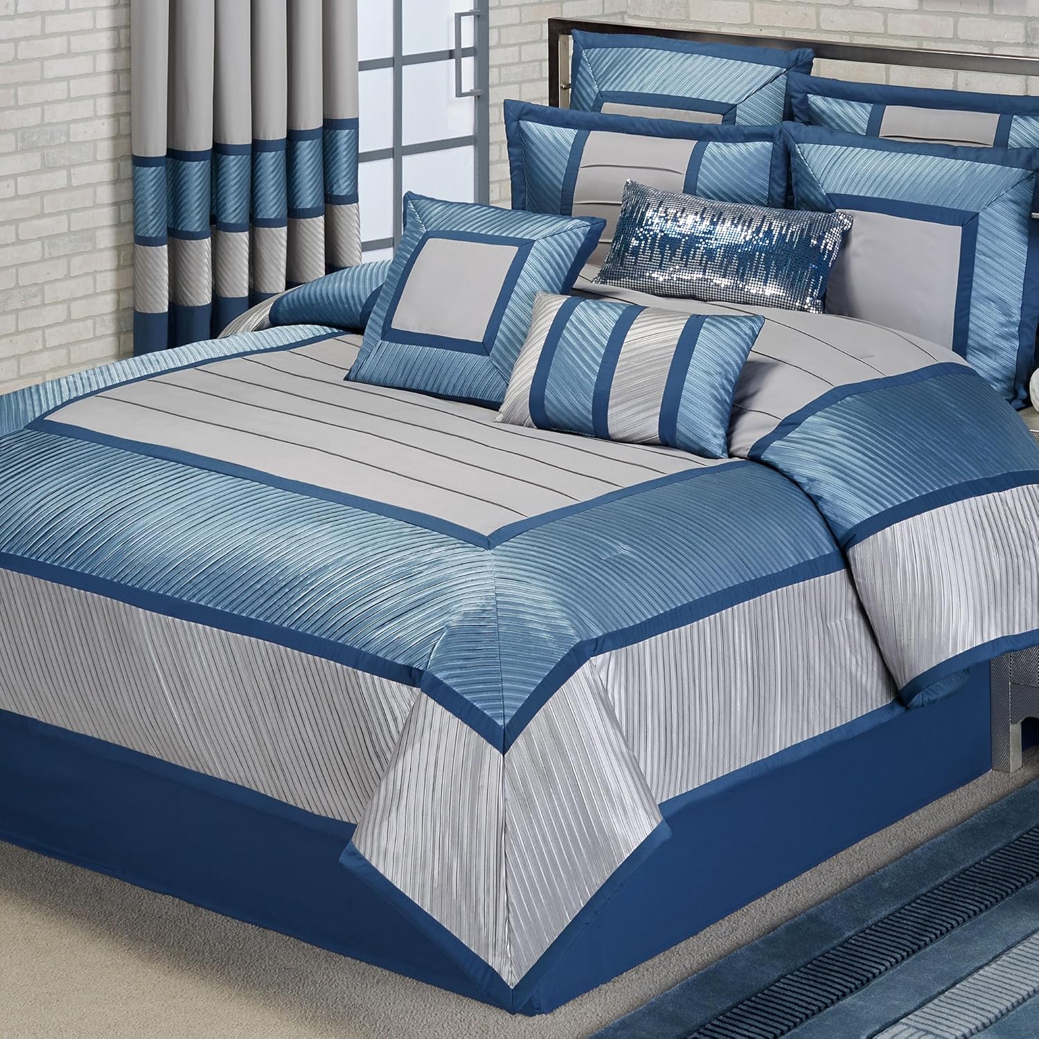 Beta Luxury Bedding | Blue | Poly Satin | 11 Piece Set: Cal King Comforter, 2 King Shams, Bedskirt, 2 European Shams, 2 Euro Pillow Inserts, Square, Pleated Rectangle, Tailored Rectangle Pillows