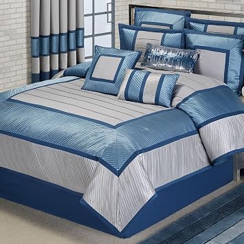 Beta Contemporary Luxury Bedding | Washable | Sophisticated | Blue Shadow, Stone, Dark Blue | Silky Polyester Satin | Pleated | 4 Piece Queen Bed Set Queen Comforter, 2 Standard Shams, and Bedskirt