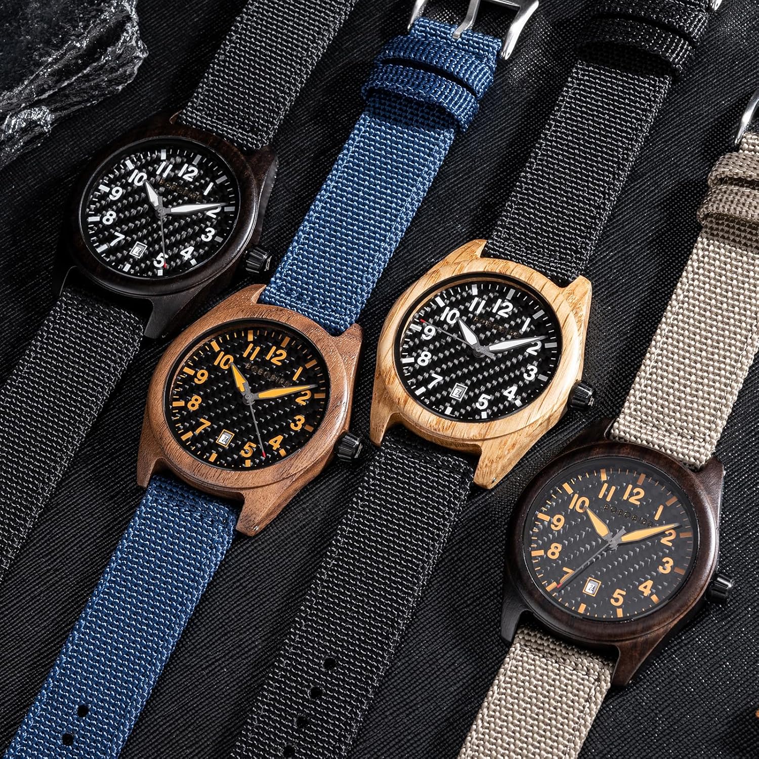 BOBO BIRD Wooden Casual & Business Watch with Nylon Strap, Carbon Fiber Dial Japanese Quartz Movement Wood Watch Lightweight Date Display Wristwatch Multiple Colors