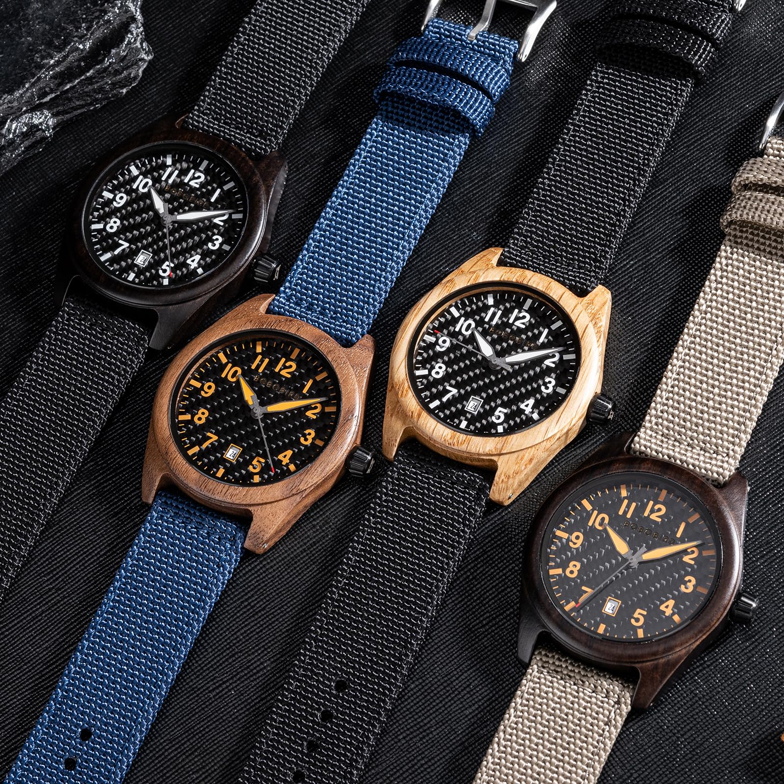 BOBO BIRD Orologio casual e da lavoro in legno con cinturino in nylon, quadrante in fibra di carbonio, movimento al quarzo giapponese, orologio da polso leggero con visualizzazione della data