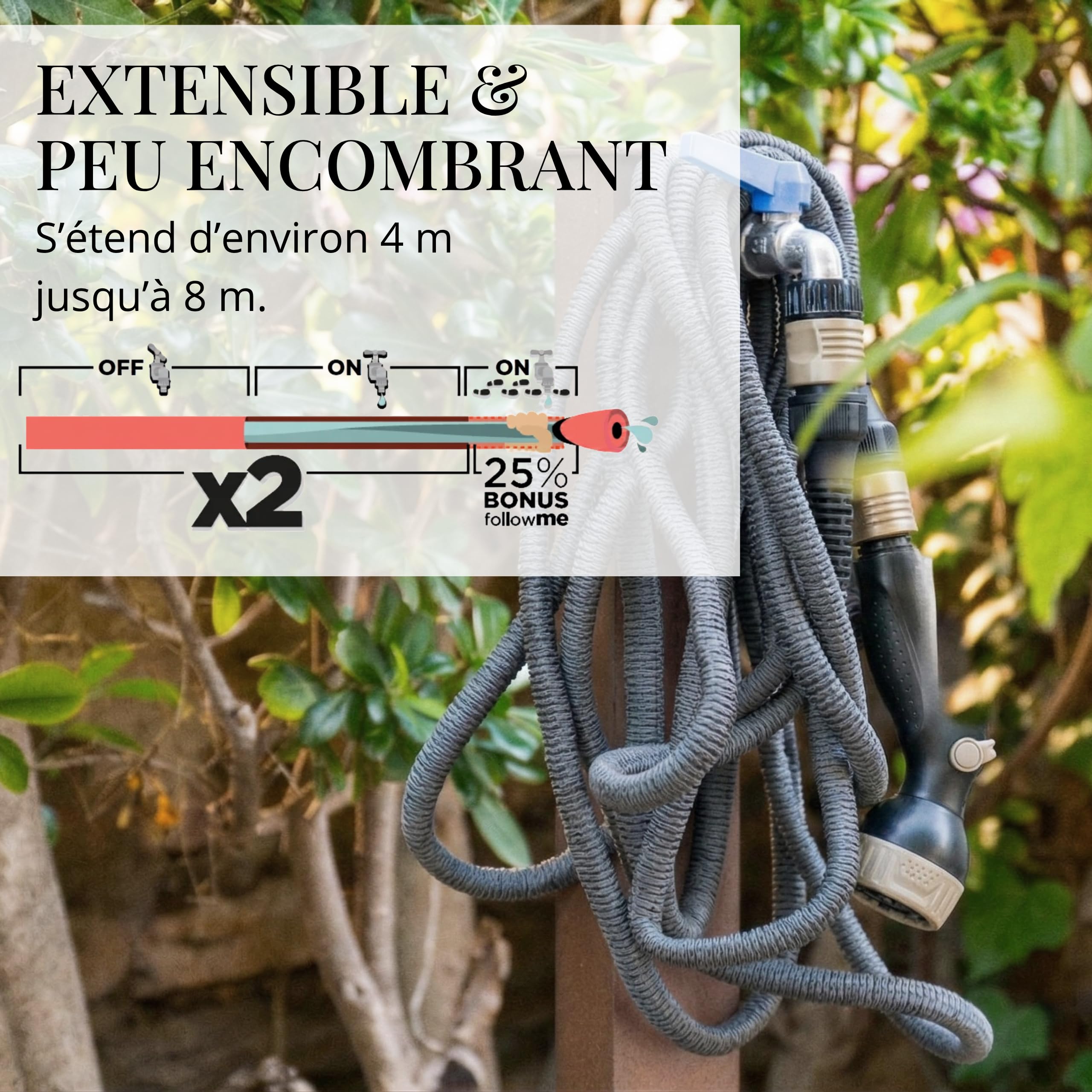 LIVLIG Tuyau Arrosage Extensible 8 m Flexible Leger Anti-Torsion, Made in Italy, Pistolet Multifonction Inclus, Gris