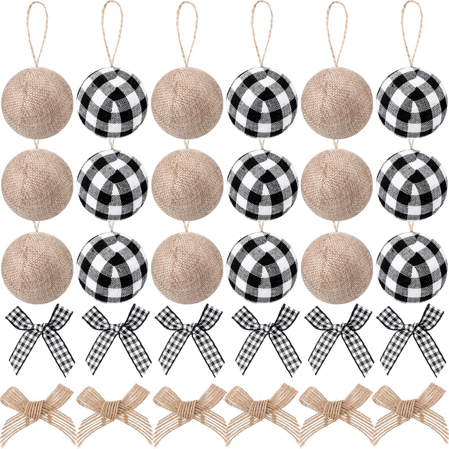 30 Pcs Christmas Tree Ornaments Decorations,18 Buffalo Plaid Burlap Farmhouse 2.4in Christmas Ball Ornament with 12 Mini Plaid Burlap Bows for Country Rustic Xmas Home Decor Indoor(White Black)