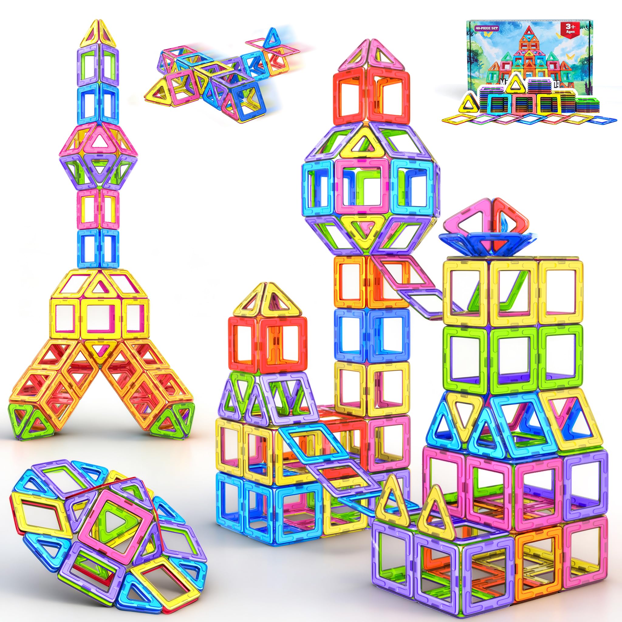 COOLJOY Magnetic Tiles for Kids, Magnetic Building Blocks, 40PCS Magnetics Construction Block Games, Learning Educational Construction Toys for Boys Girls 3 4 5 6 Year Old