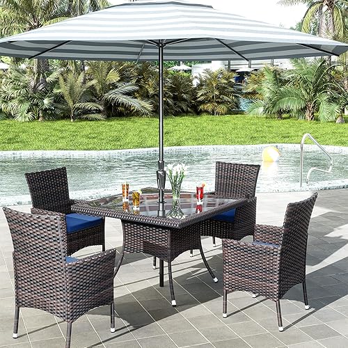 Miniatura 7 de Juego de 10 piezas de comedor para patio al aire libre, mesa de patio y sillas de ratán con agujero para paraguas, juego de mesa de comedor para 8