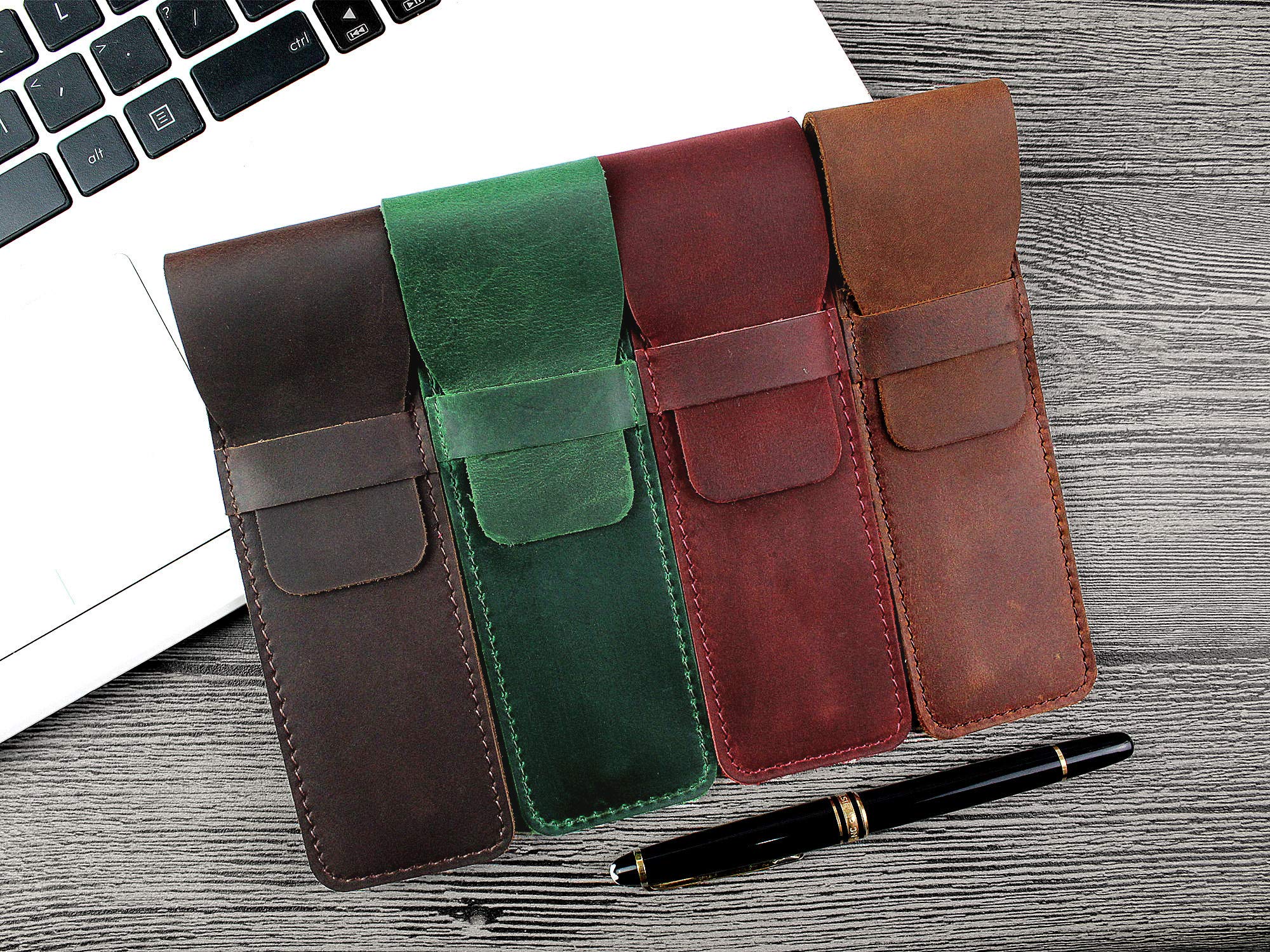 Genuine Leather Pen Case Holder Fountain Multi Pens Pouch Pen Protective Sleeve Cover - Small Coffee