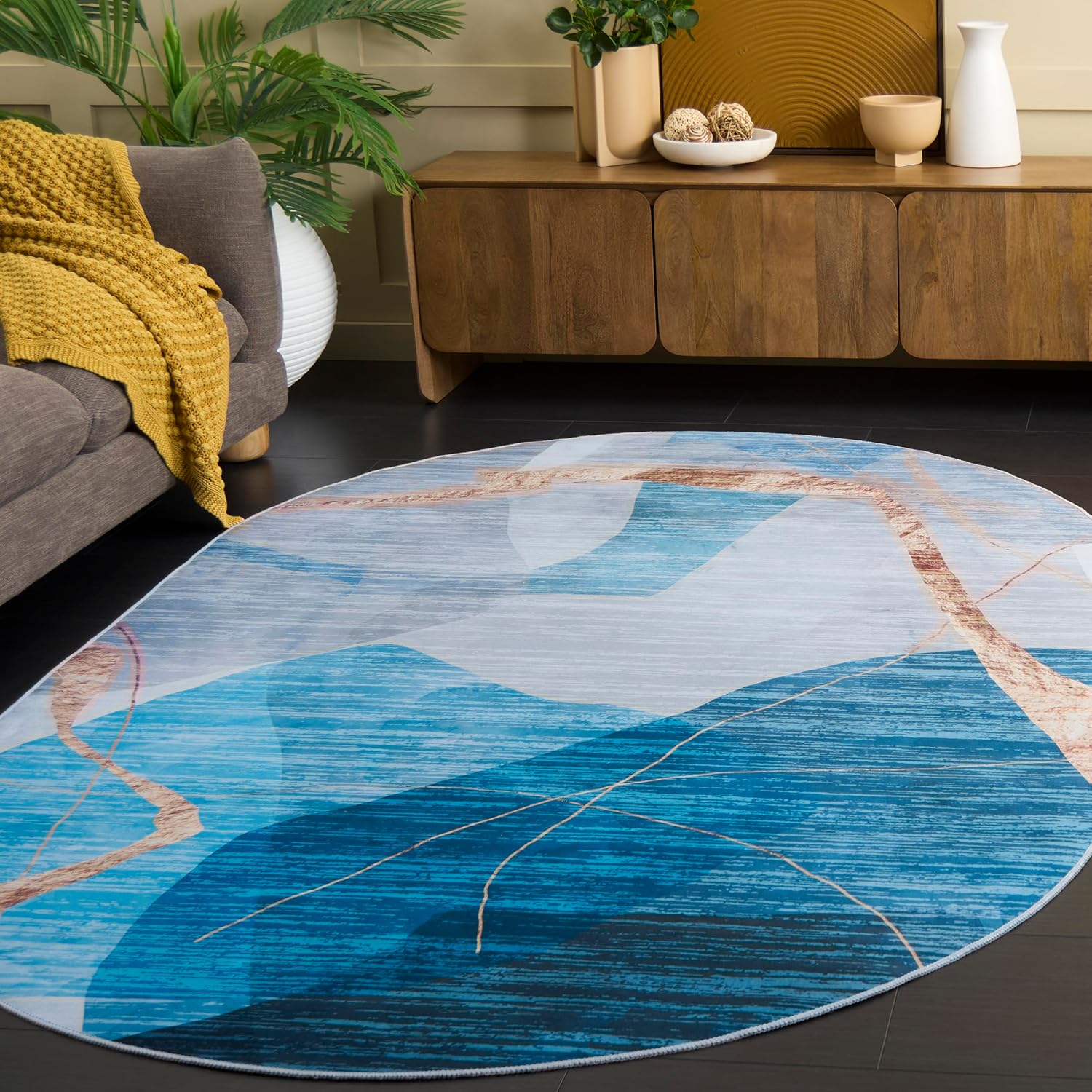 SAFAVIEH Washable Rug Tacoma Collection - 5' x 8' Oval, Blue & Gold, Slip Resistant & Easy to Clean, Ideal for Living Room, Bedroom, Foyer, Dining Space (TAC836M)