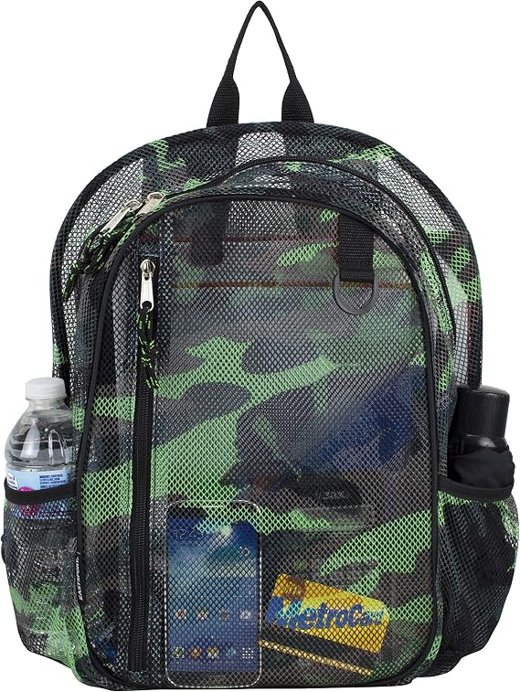 Eastsport Gym Mesh Backpack See Through Semi Transparent with Adjustable Straps for Work, Travel, Security, Swimming and Beach - Camo/Black