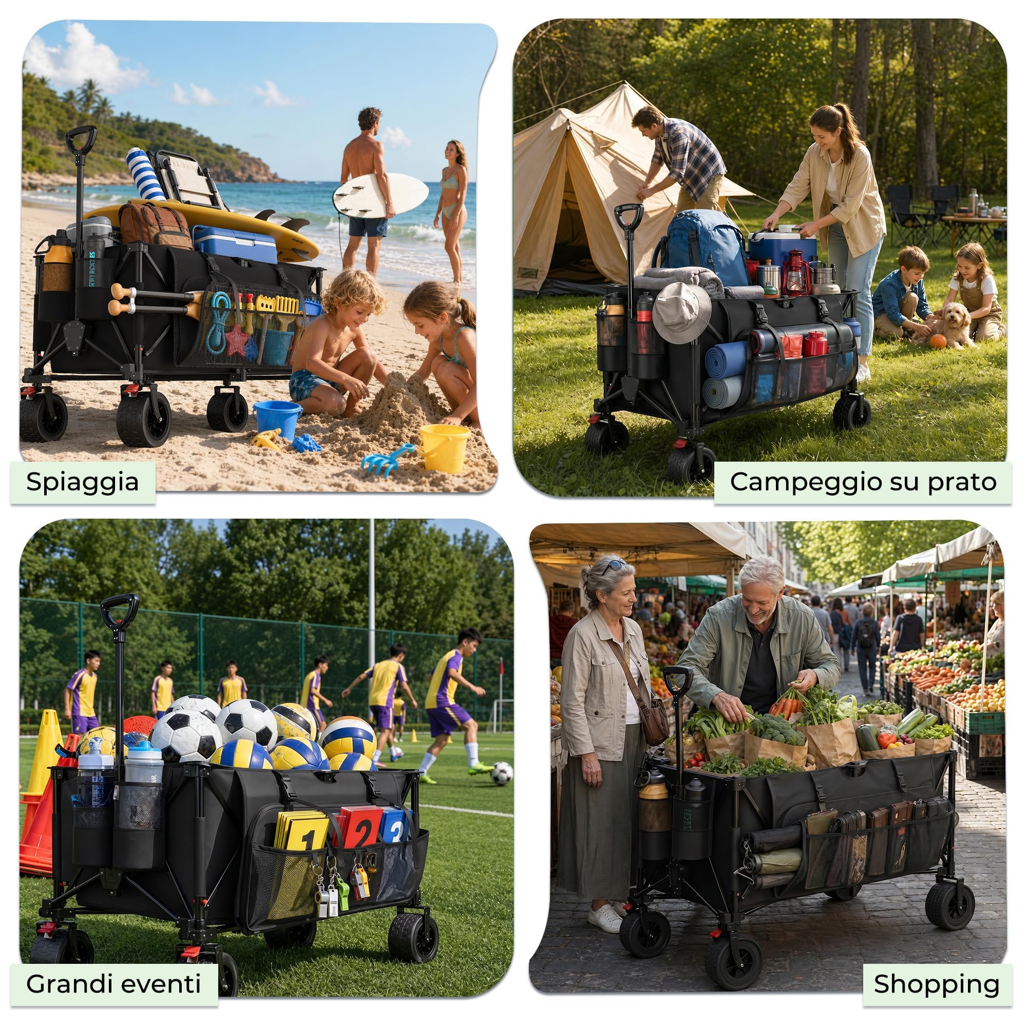 Carrello Spiaggia Pieghevole 260L, Carrello con Ruote Portatutto | Freno | Carrellino con Ruote Portatutto Max 200kg | Manico Regolabile | 25L Tasche Laterali | Esterni Giardino Campeggio(Nero)