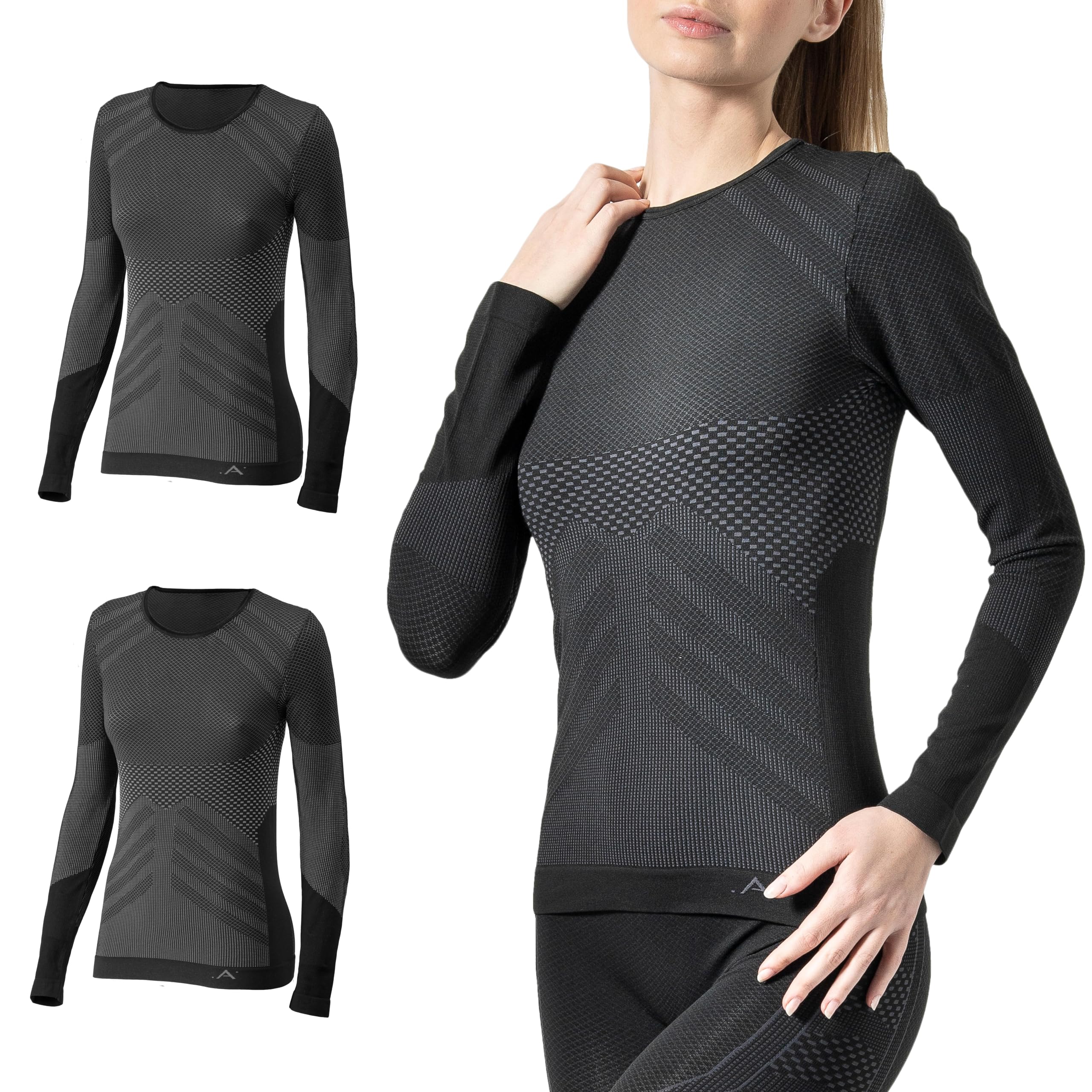 Risalti Women's Anthracite Round Collar 2Pcs Thermal Tops Long Sleeved Energy - Thermal Top Breathable Microfibre, Thermal Tops Technical, Thermal Underwear Seamless, Thermal Base Layer - Made In Italy