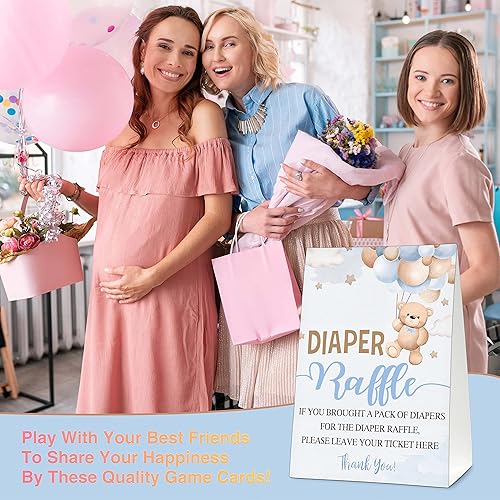 Miniatura 4 de Juego de baby shower, 50 boletos para rifas de pañales con 1 letrero de pie, suministros de decoración de fiesta de revelación de género de oso