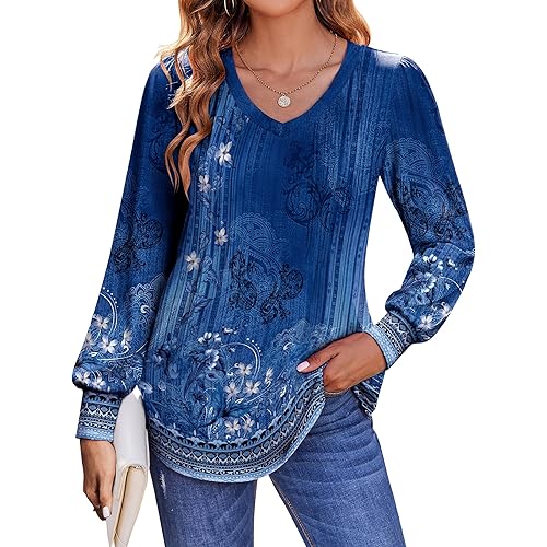 Zeagoo Women's Puff Long Sleeve Shirts Pleated V Neck Fall Tunic Tops Blouse Dressy Casual Summer T-Shirts