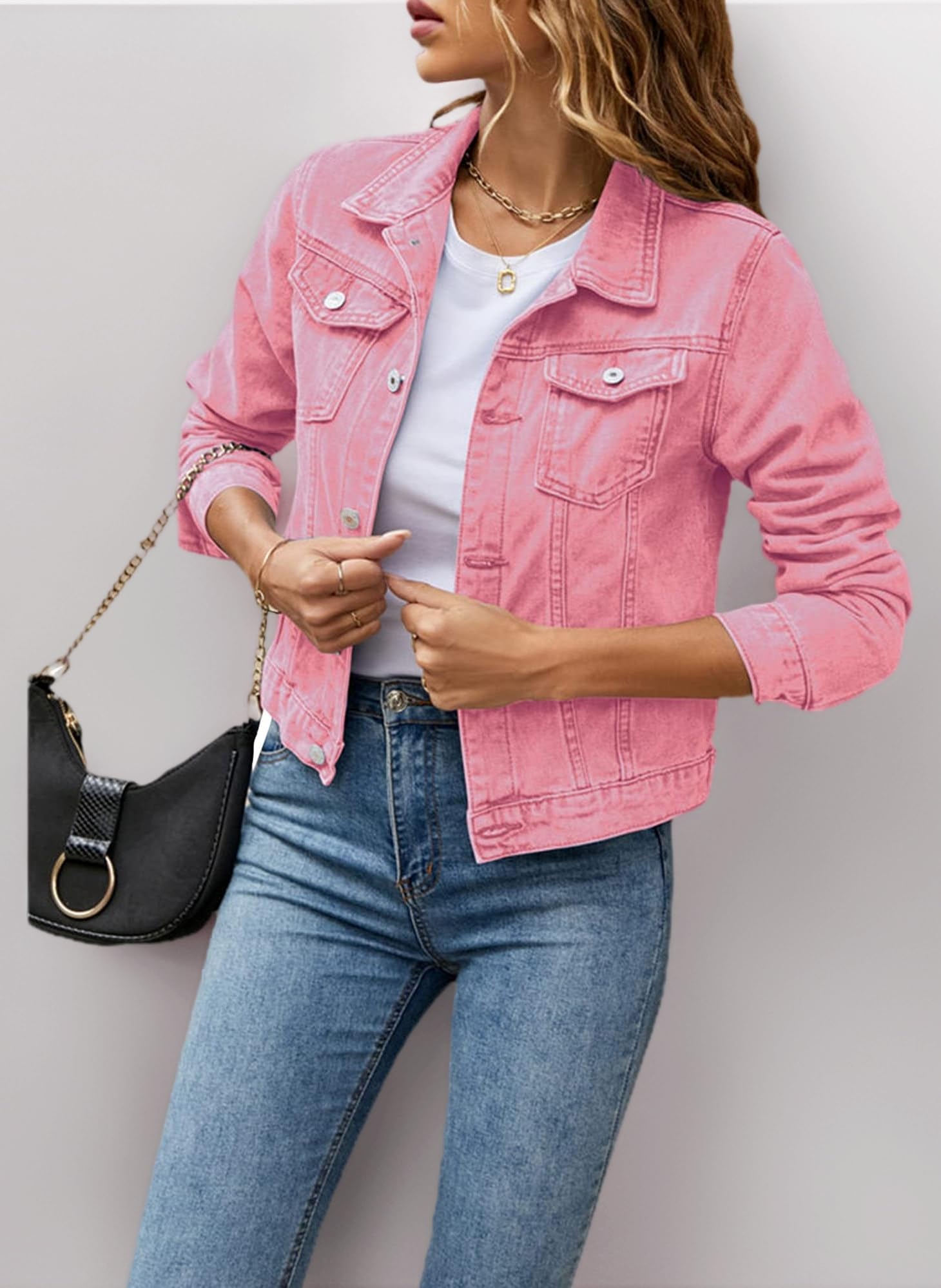 Women's Solid Color Basic Button Denim Jacket With Pockets, Casual Denim Jacket Top