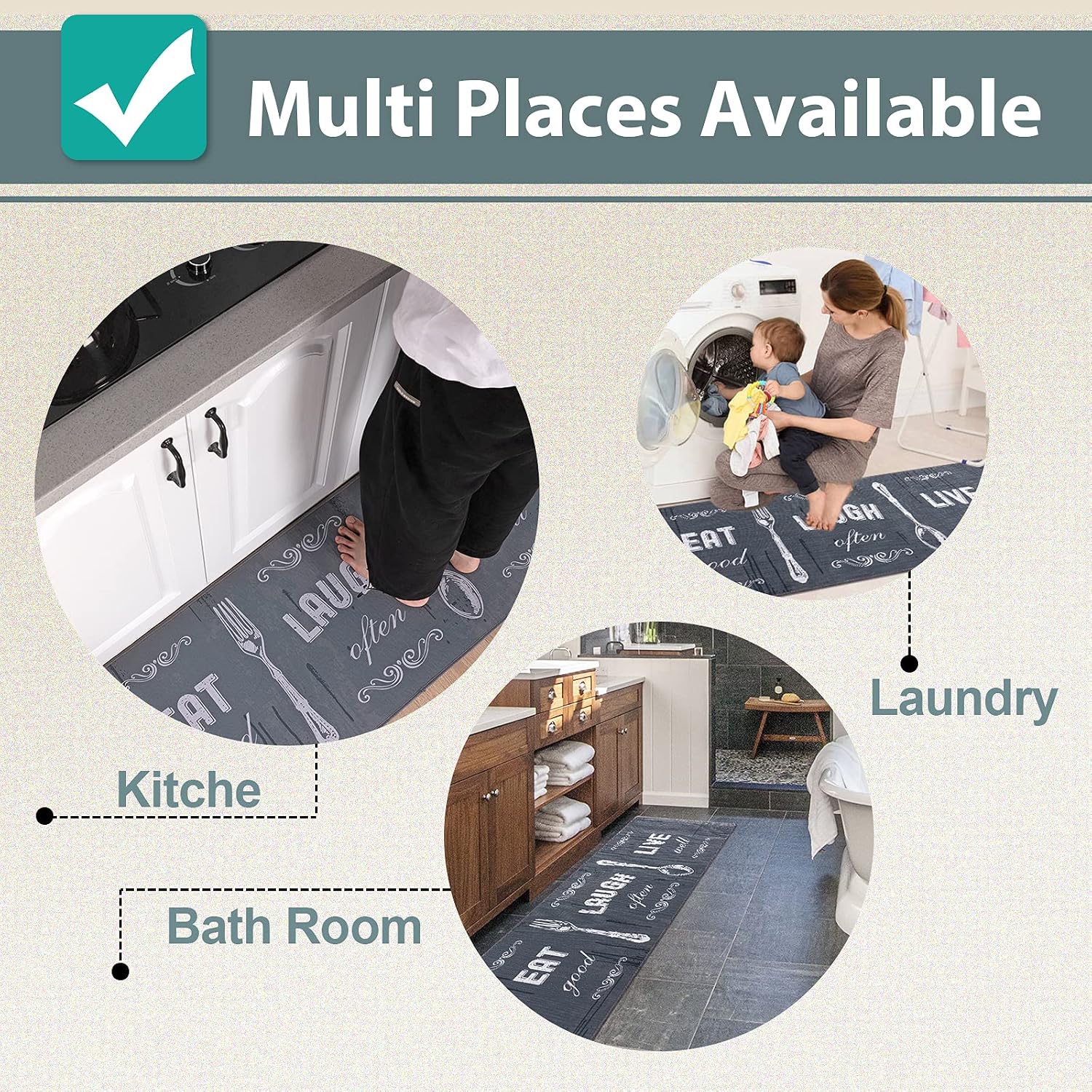 Carvapet 2 Piece Kitchen Rug Set Non-Slip Backing Mat Throw Rug for Kitchen Doormat Runner Rug Set, Motto Design, Grey (17"x48"+17"x48")